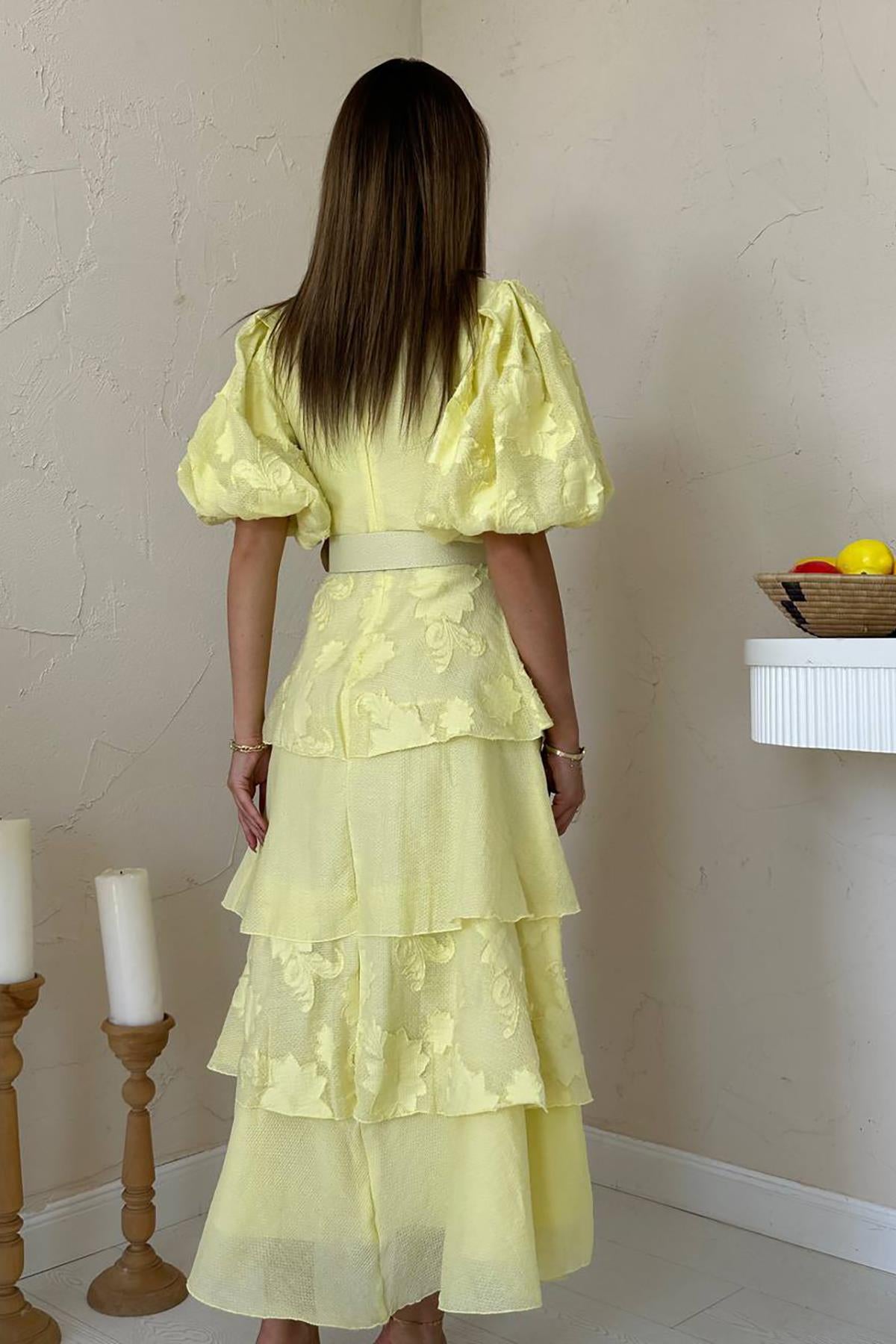 Toptan Sarı Balon Kollu Kat Kat Elbise