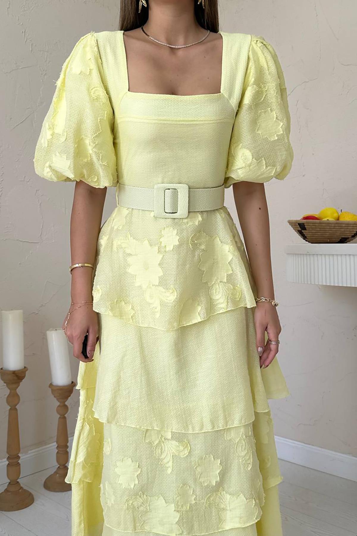 Toptan Sarı Balon Kollu Kat Kat Elbise