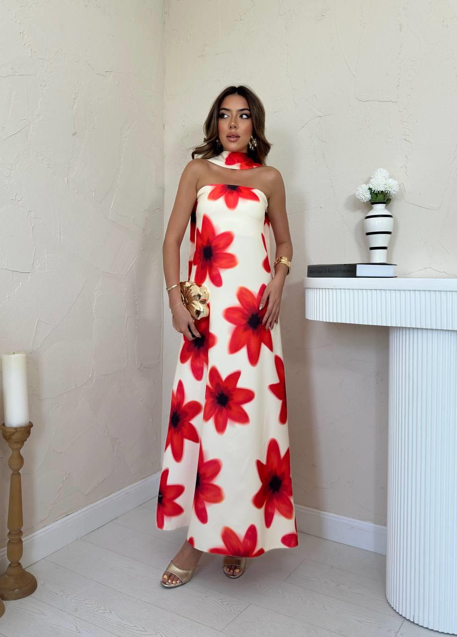 Toptan Sarı Boyundan Fularlı Elbise Sarı L