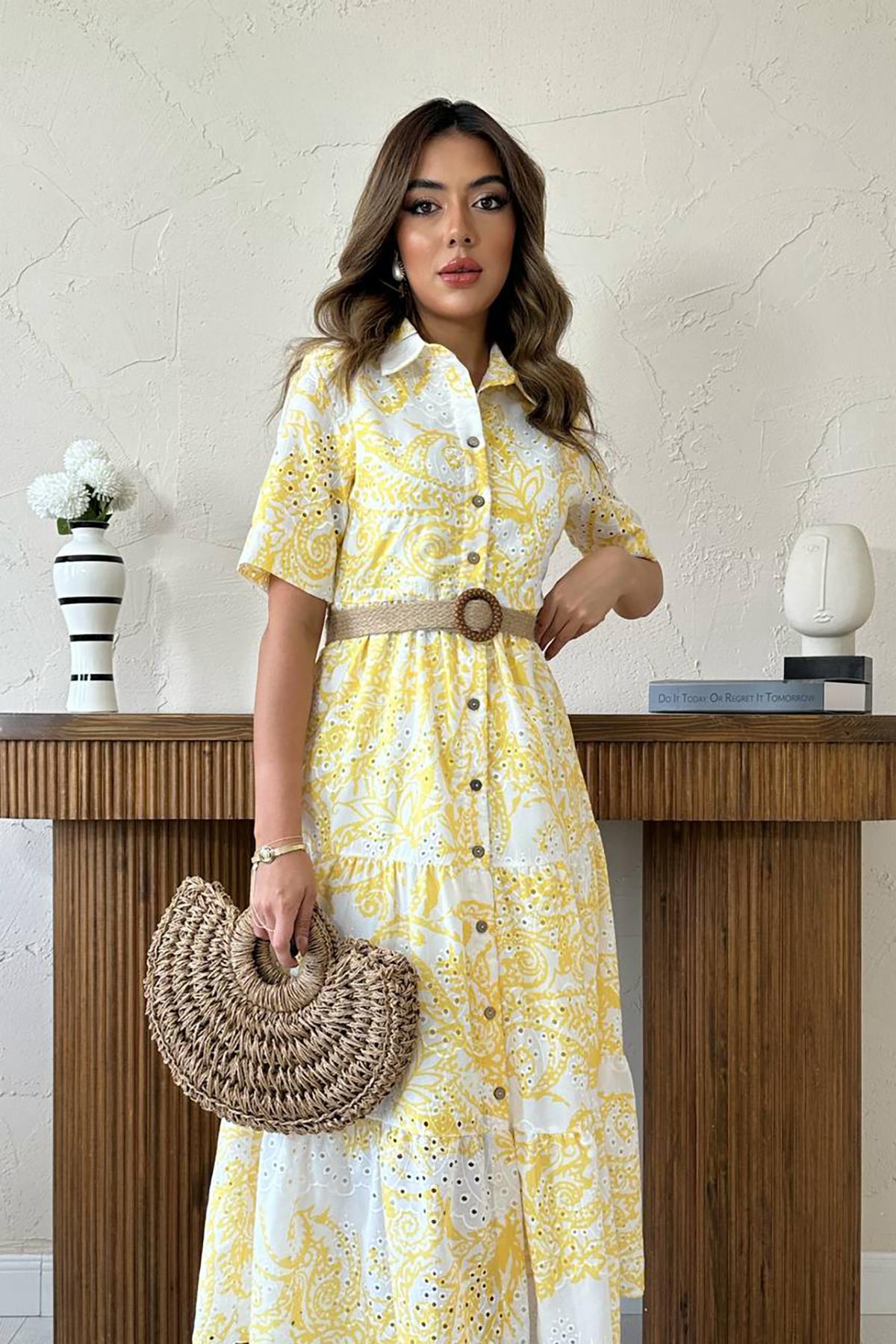 Toptan Sarı Brodeli Kolları Bağcıklı Elbise