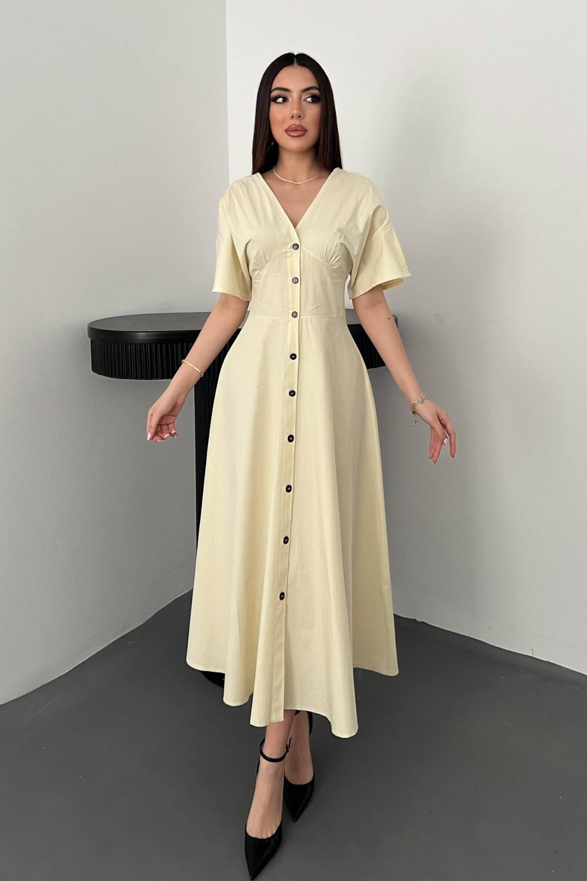 Toptan Sarı Düğmeli Midi Boy Poplin Elbise Sarı L