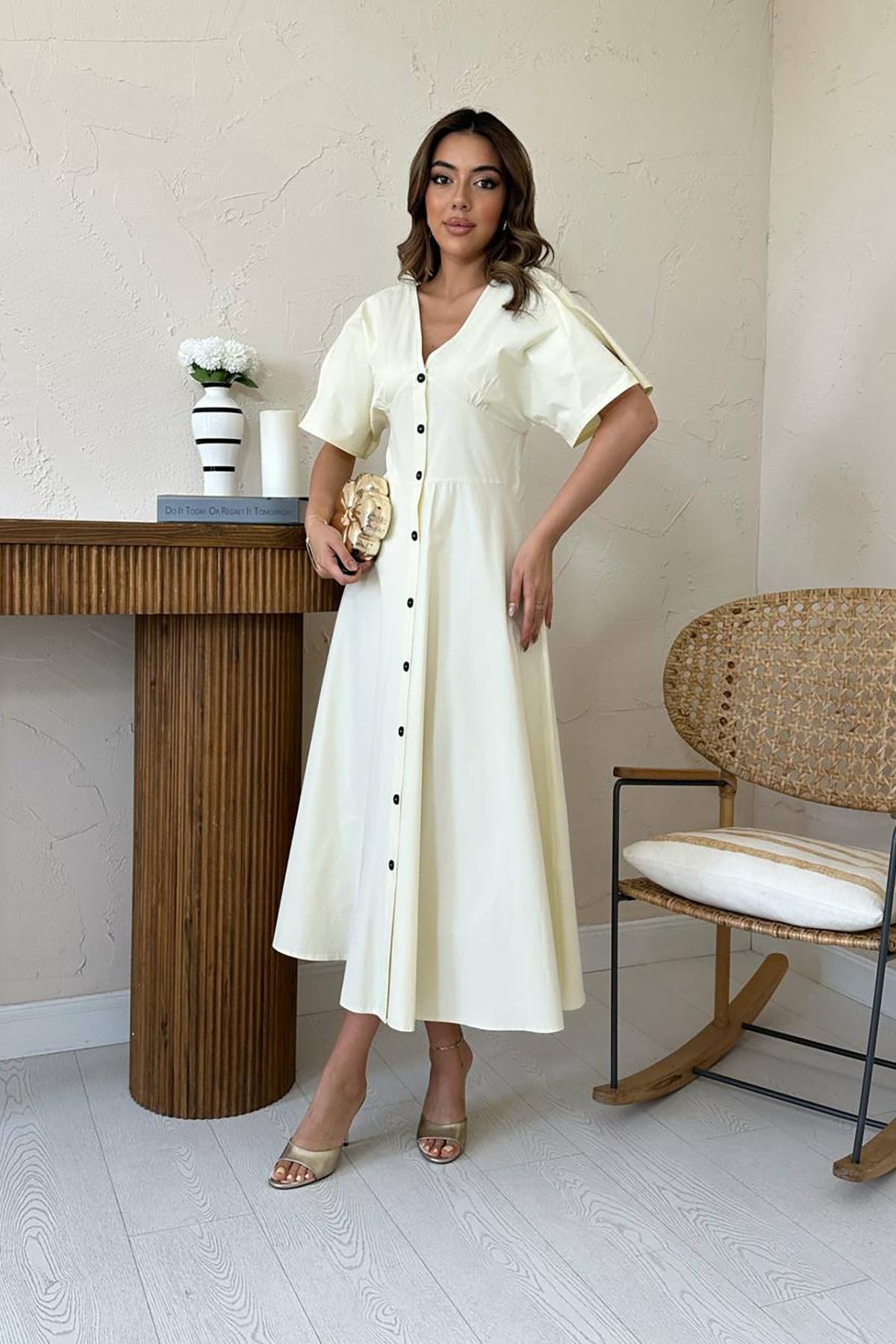 Toptan Sarı Düğmeli Midi Boy Poplin Elbise