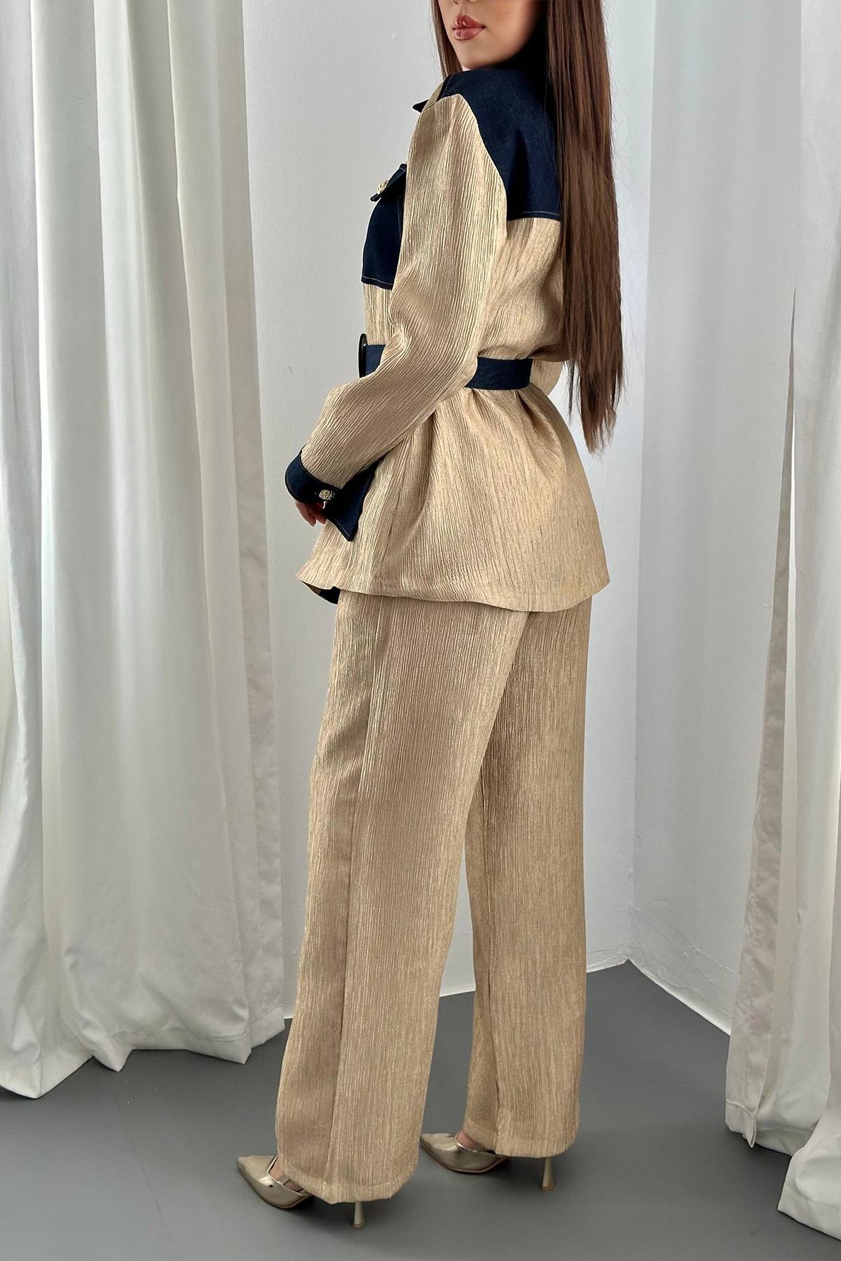 Toptan Sarı Garnili Cepli Gömlek Ve Pantolon Takım