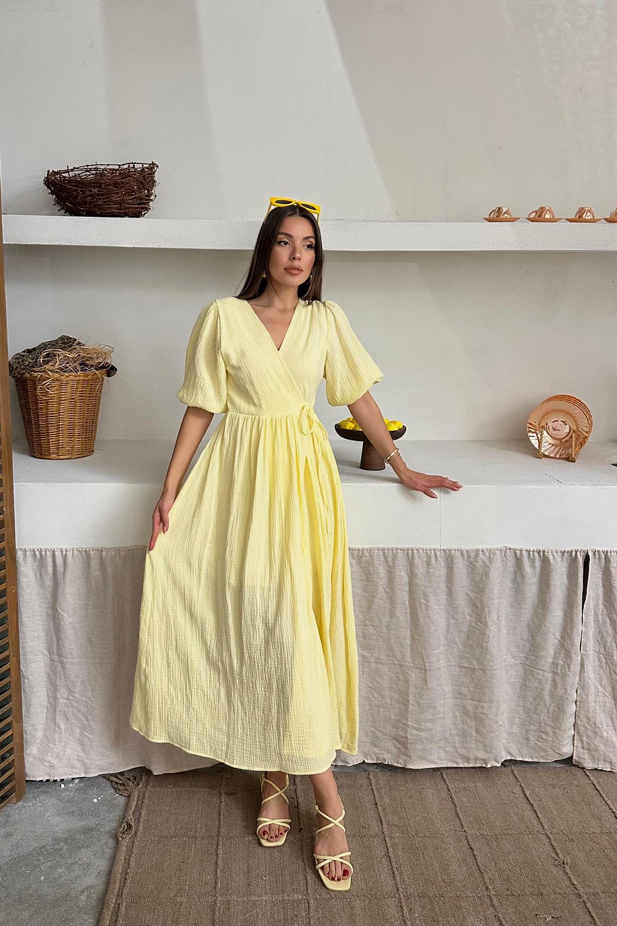 Toptan Sarı Müslin Uzun Elbise