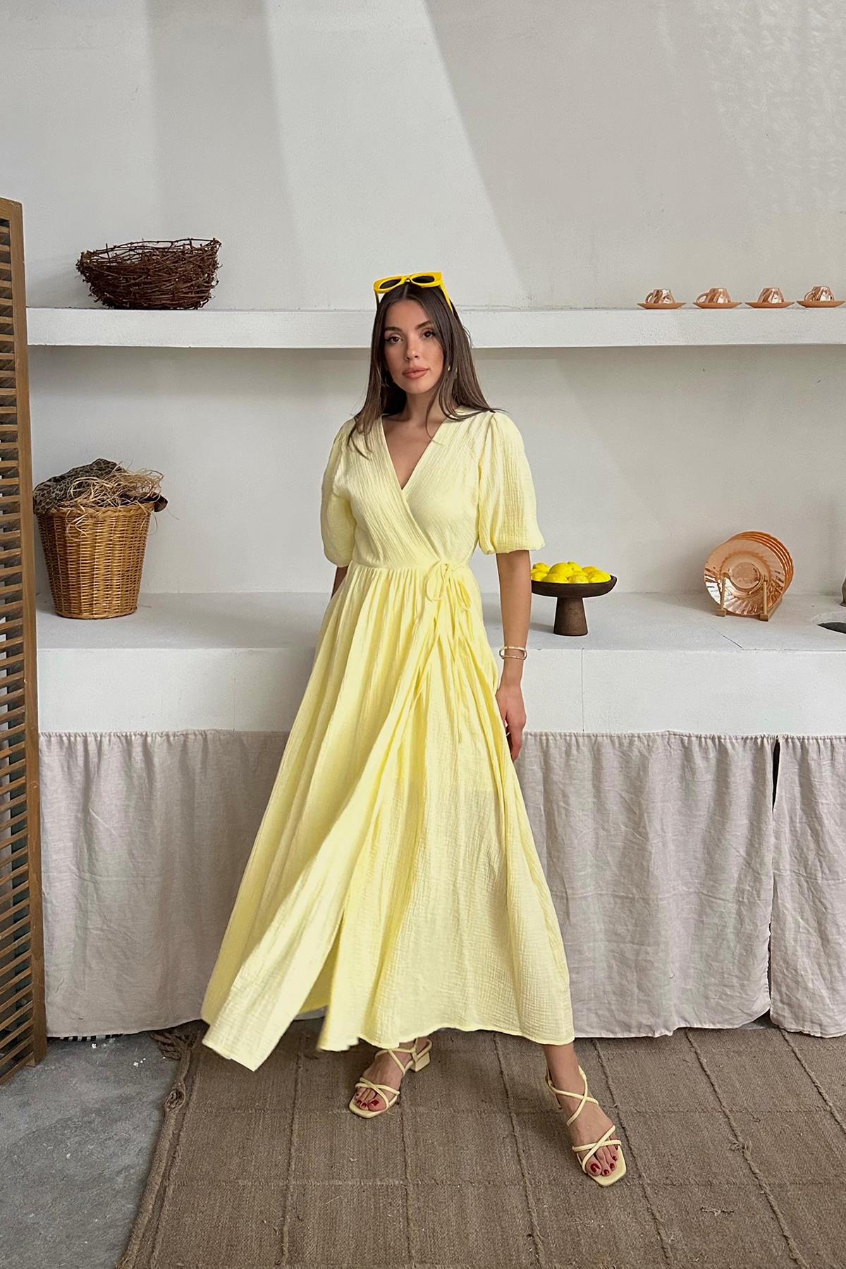 Toptan Sarı Müslin Uzun Elbise