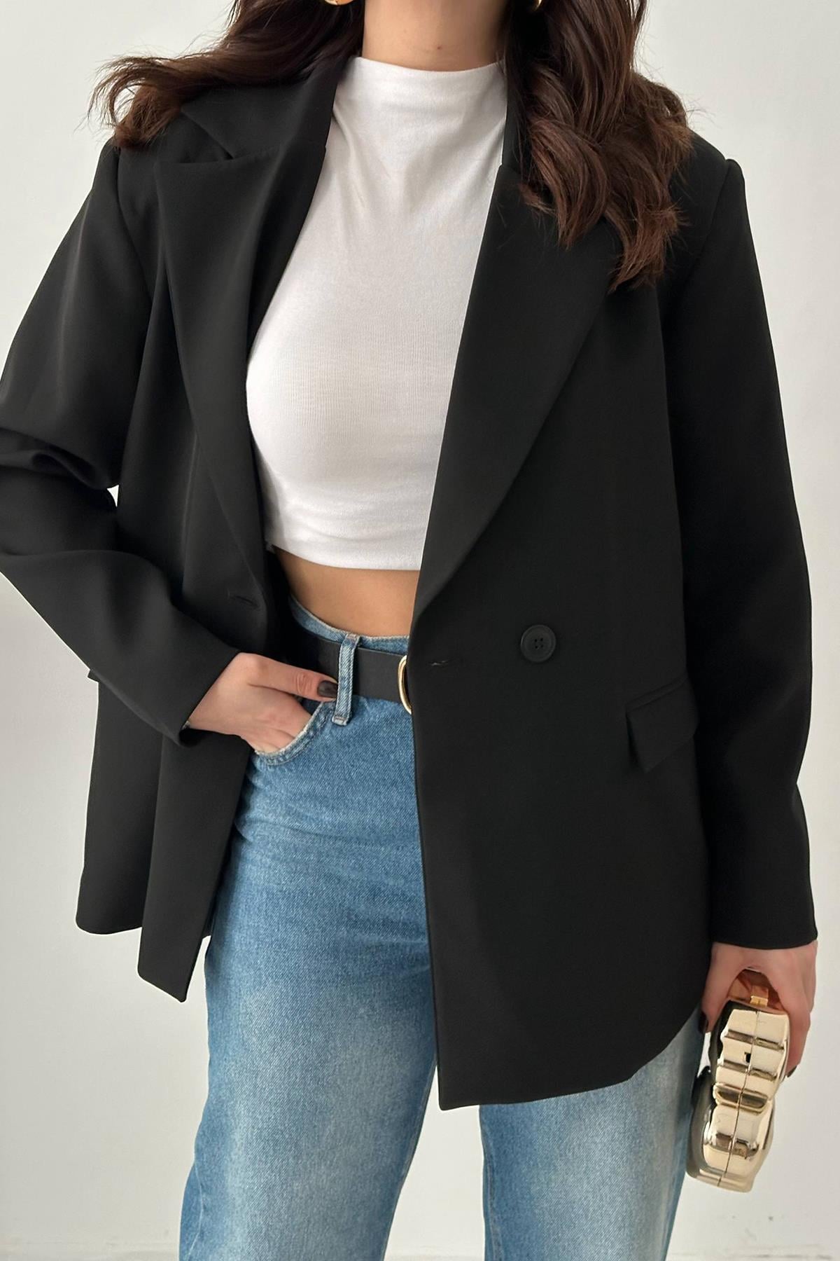Siyah 2 Düğmeli Blazer Ceket