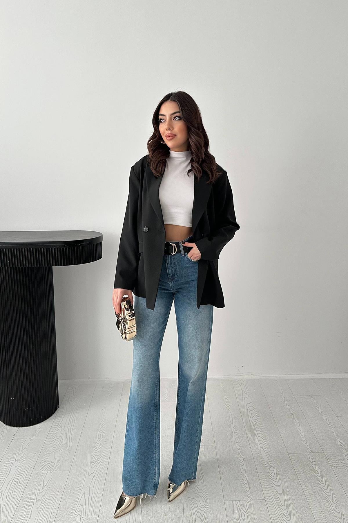 Siyah 2 Düğmeli Blazer Ceket