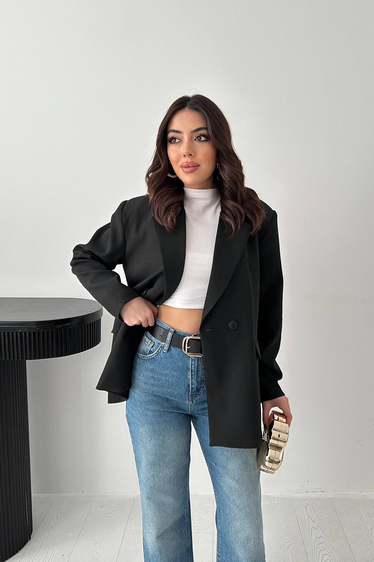 Siyah 2 Düğmeli Blazer Ceket