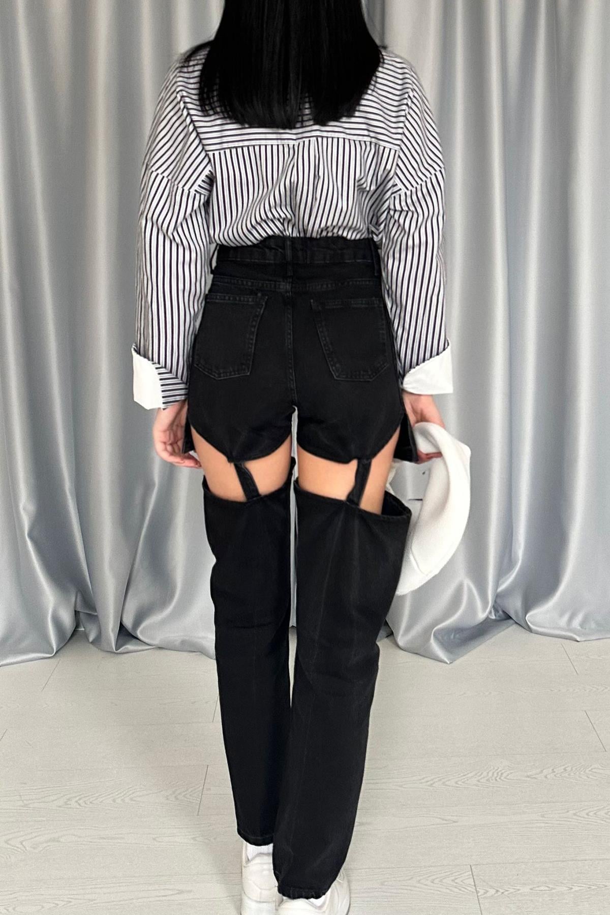 Siyah Askılı İki Parça Jeans Pantolon