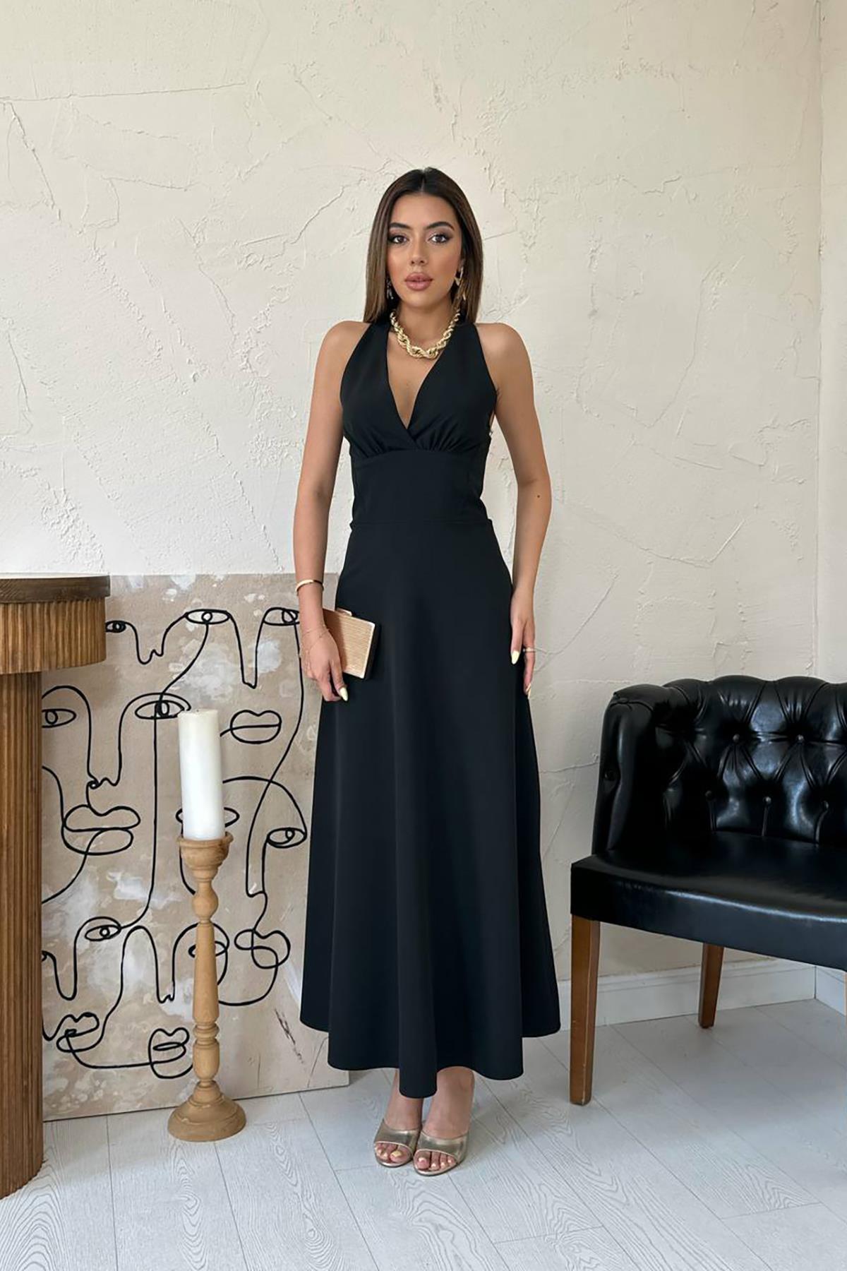 Toptan Siyah Atlas Göğüs Kuplu Elbise