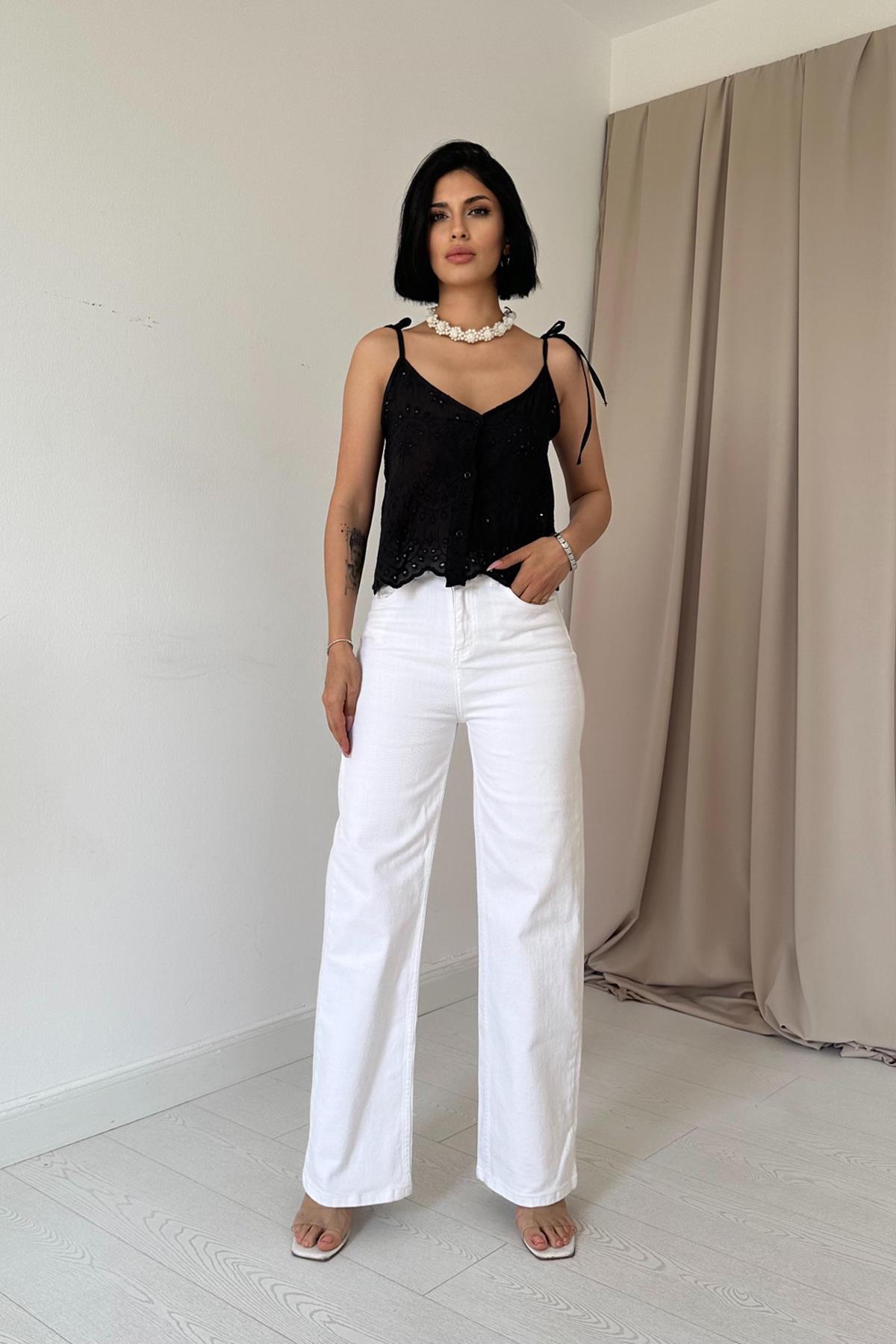 Toptan Siyah Bağcıklı Brode Bluz