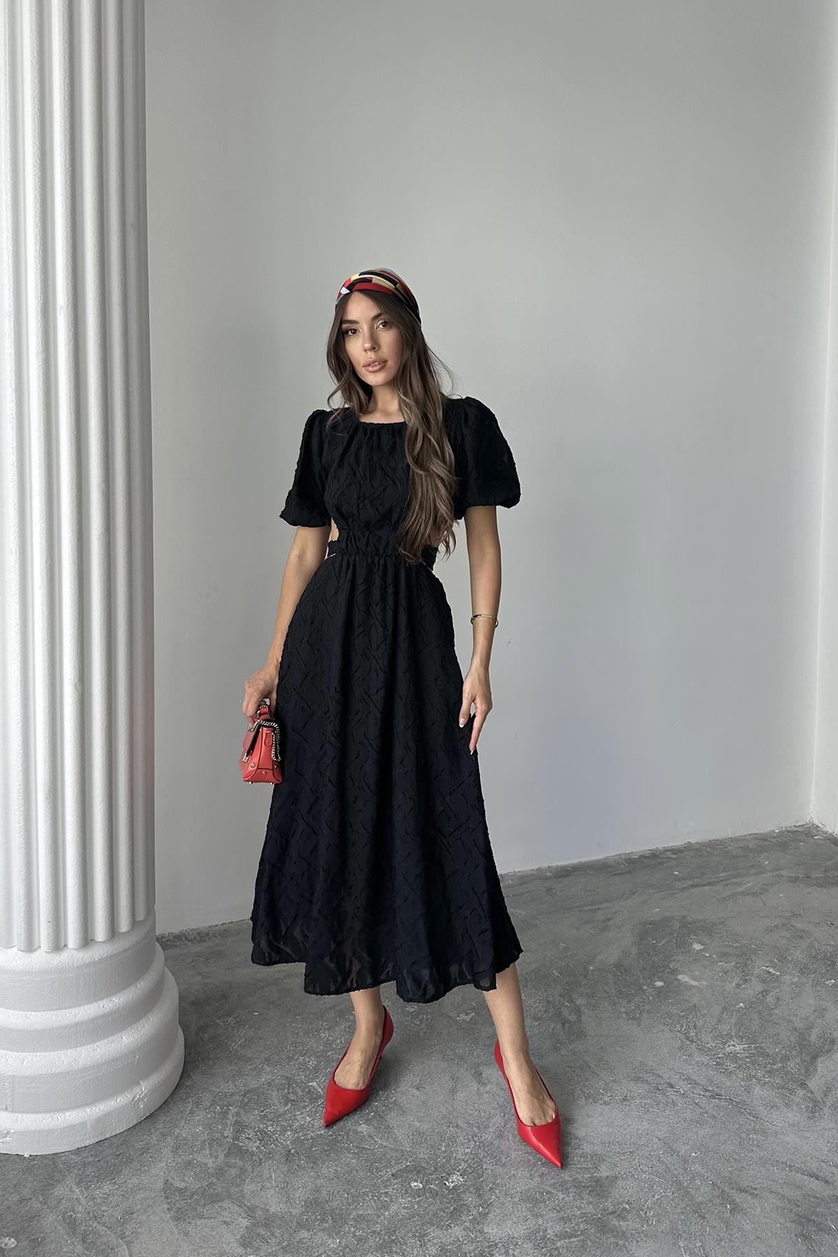 Toptan Siyah Balon Kol Kuşaklı Elbise Siyah L