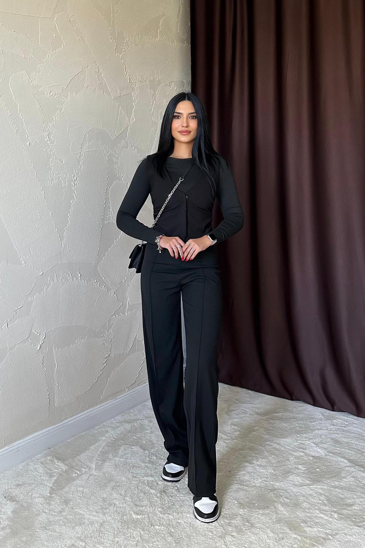 Toptan Siyah Bel Büzgülü Pantolon Siyah L