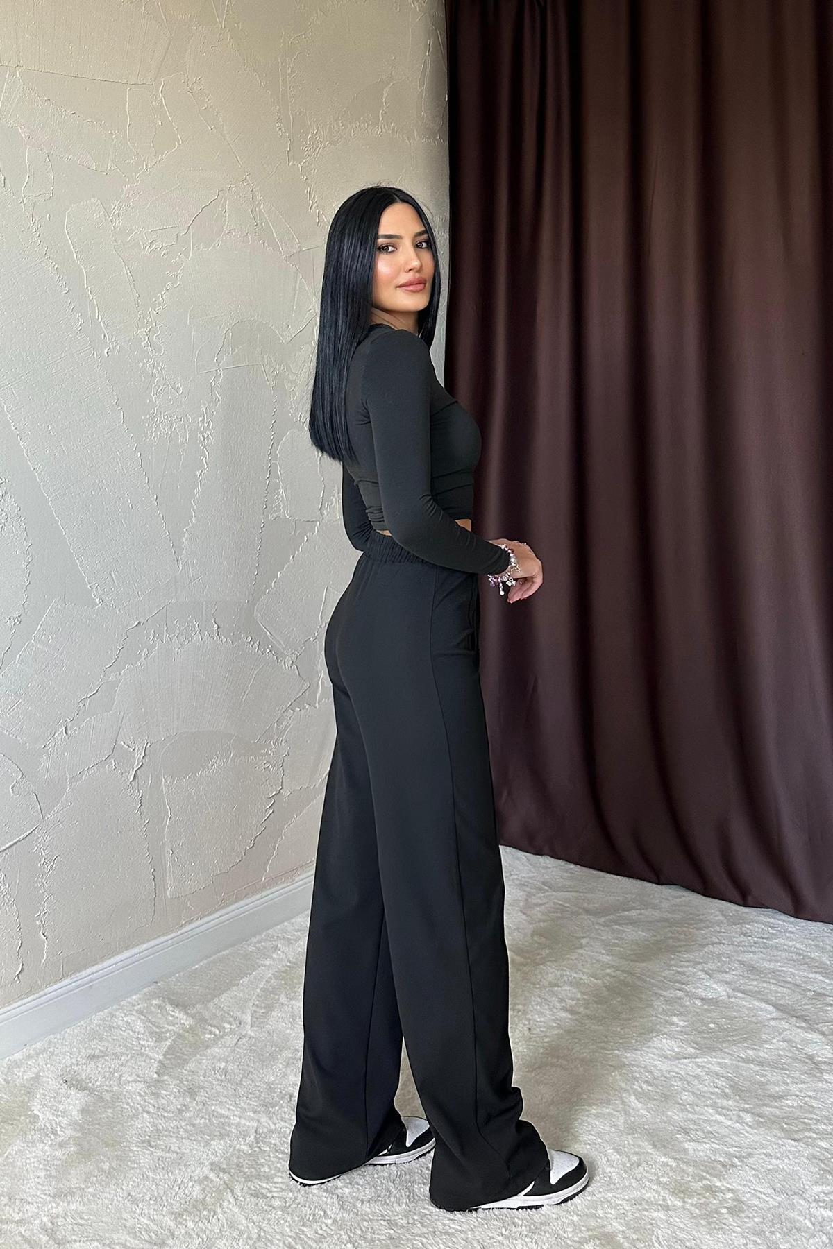 Toptan Siyah Bel Büzgülü Pantolon