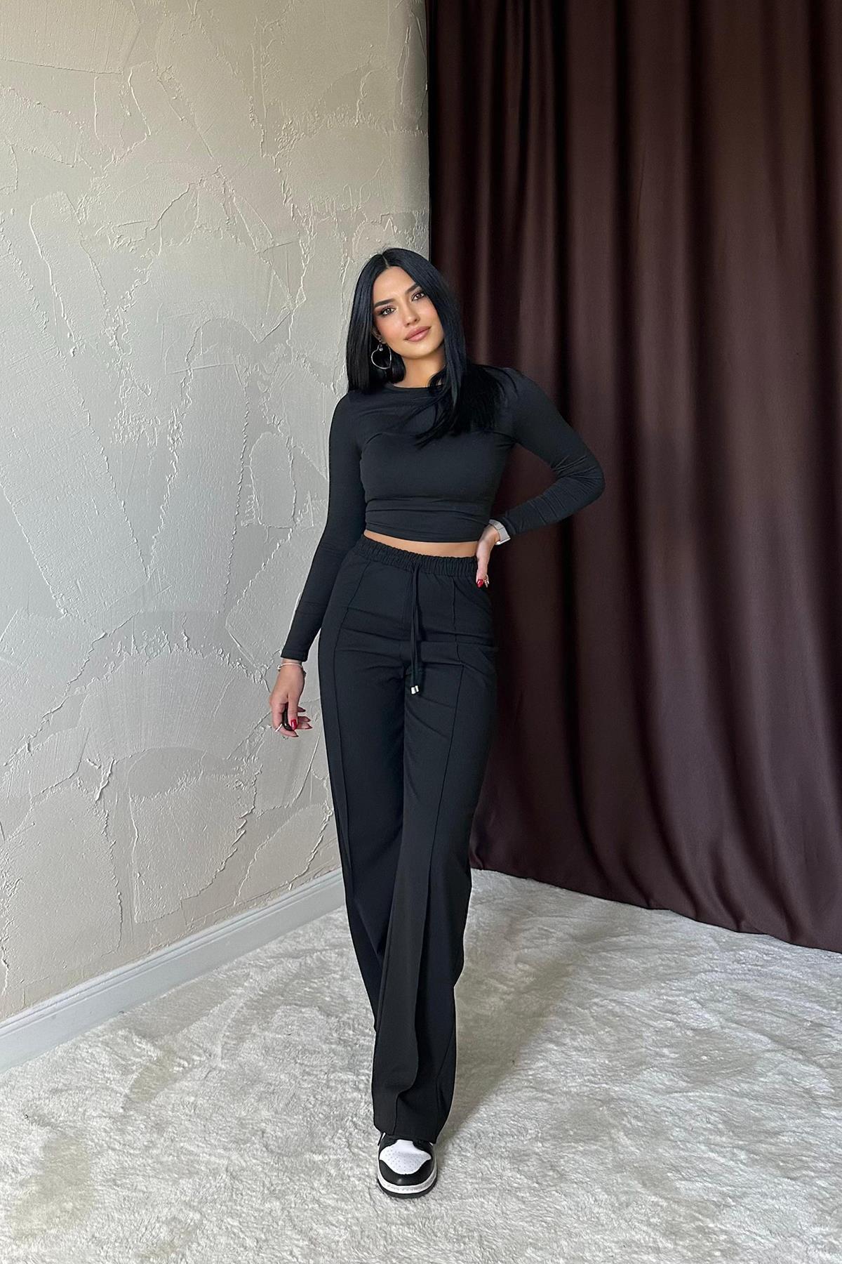Toptan Siyah Bel Büzgülü Pantolon