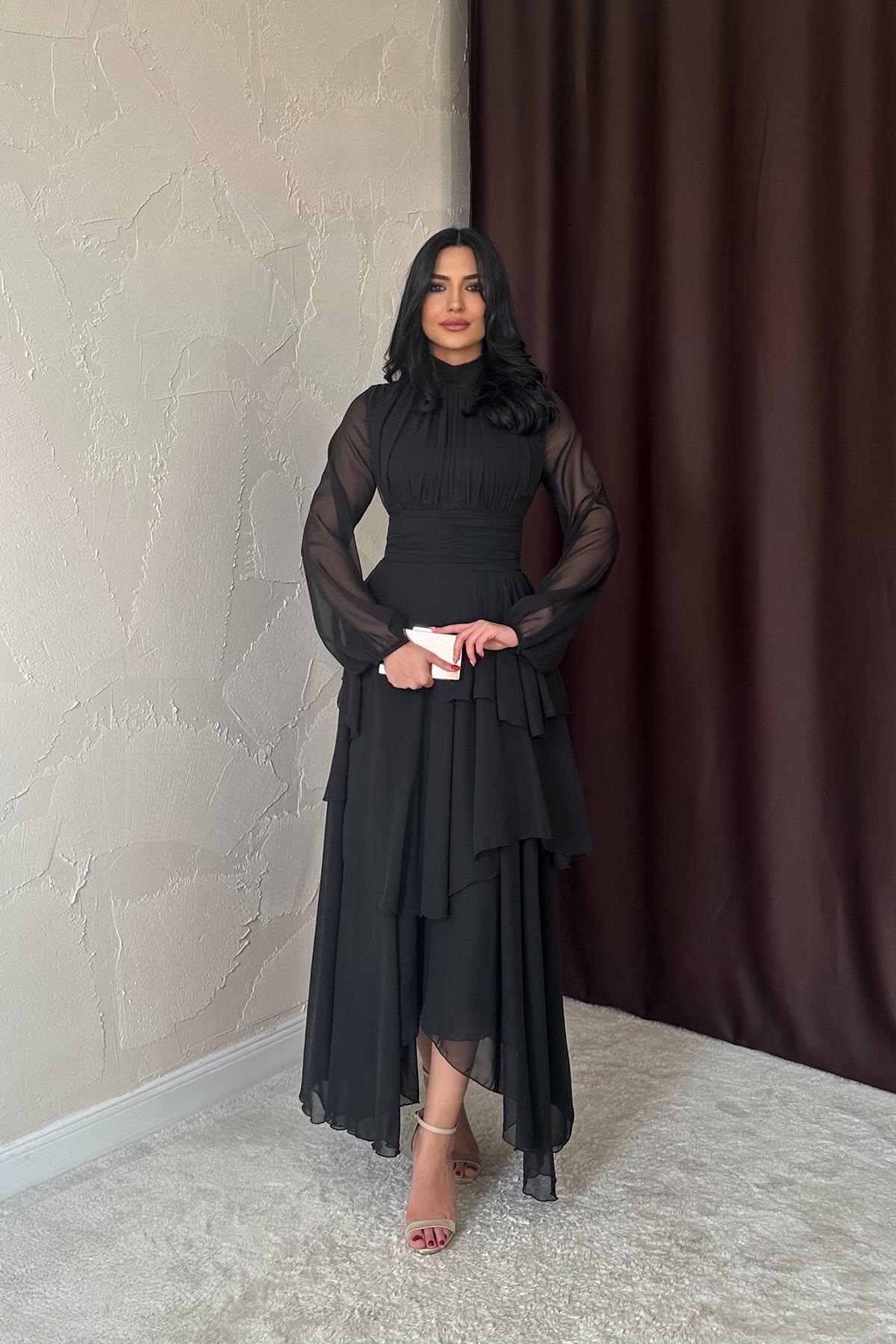 Toptan Siyah Bel Detaylı Elbise