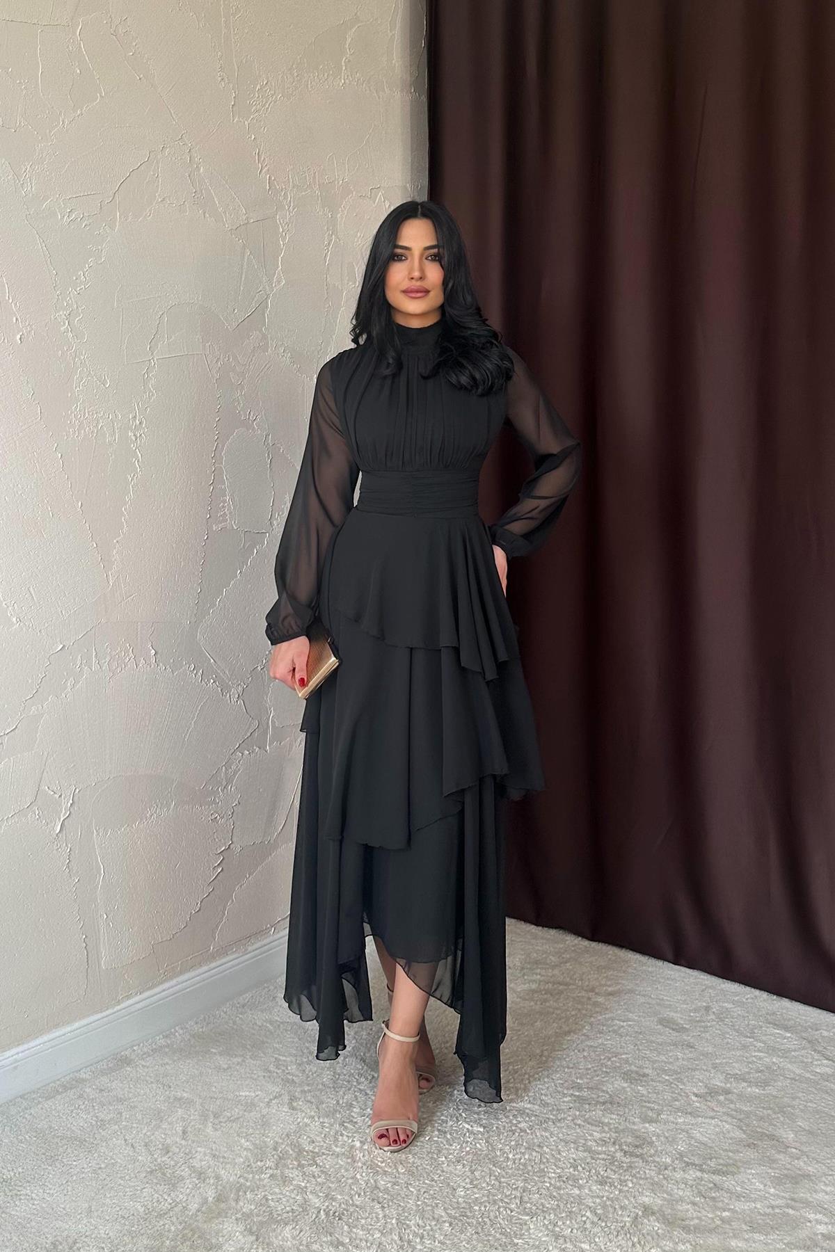 Toptan Siyah Bel Detaylı Elbise Siyah L