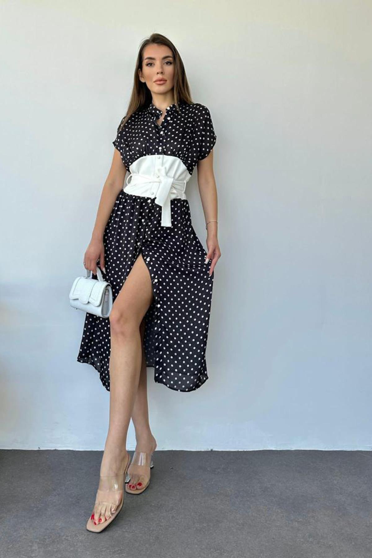 Toptan Siyah Belden Kemerli Puantiyeli Elbise Siyah L