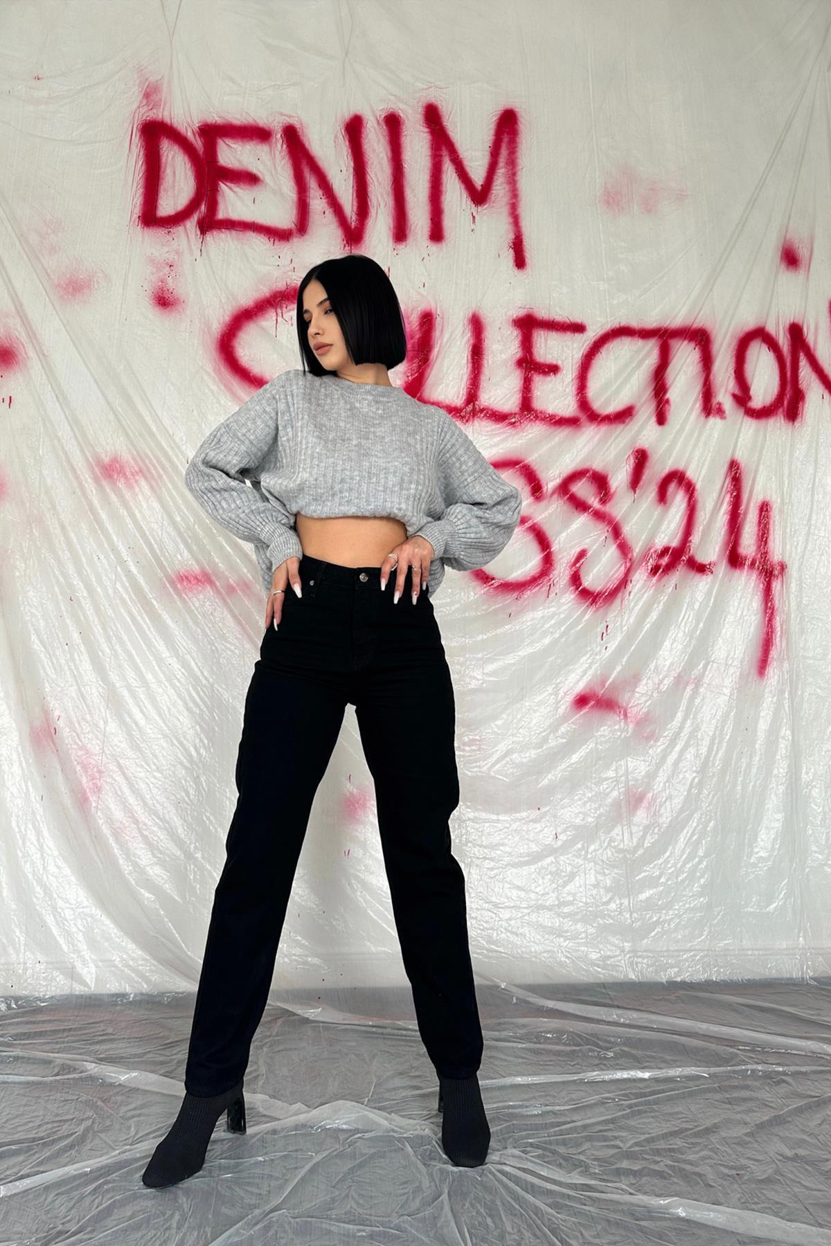 Toptan Siyah Boru Paça Jeans Pantolon Siyah L