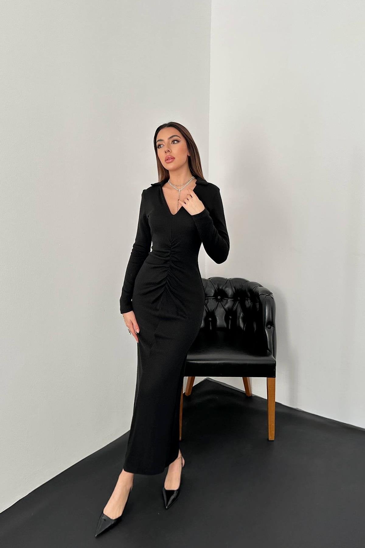 Toptan Siyah Büzgülü Triko Balık Elbise Siyah L