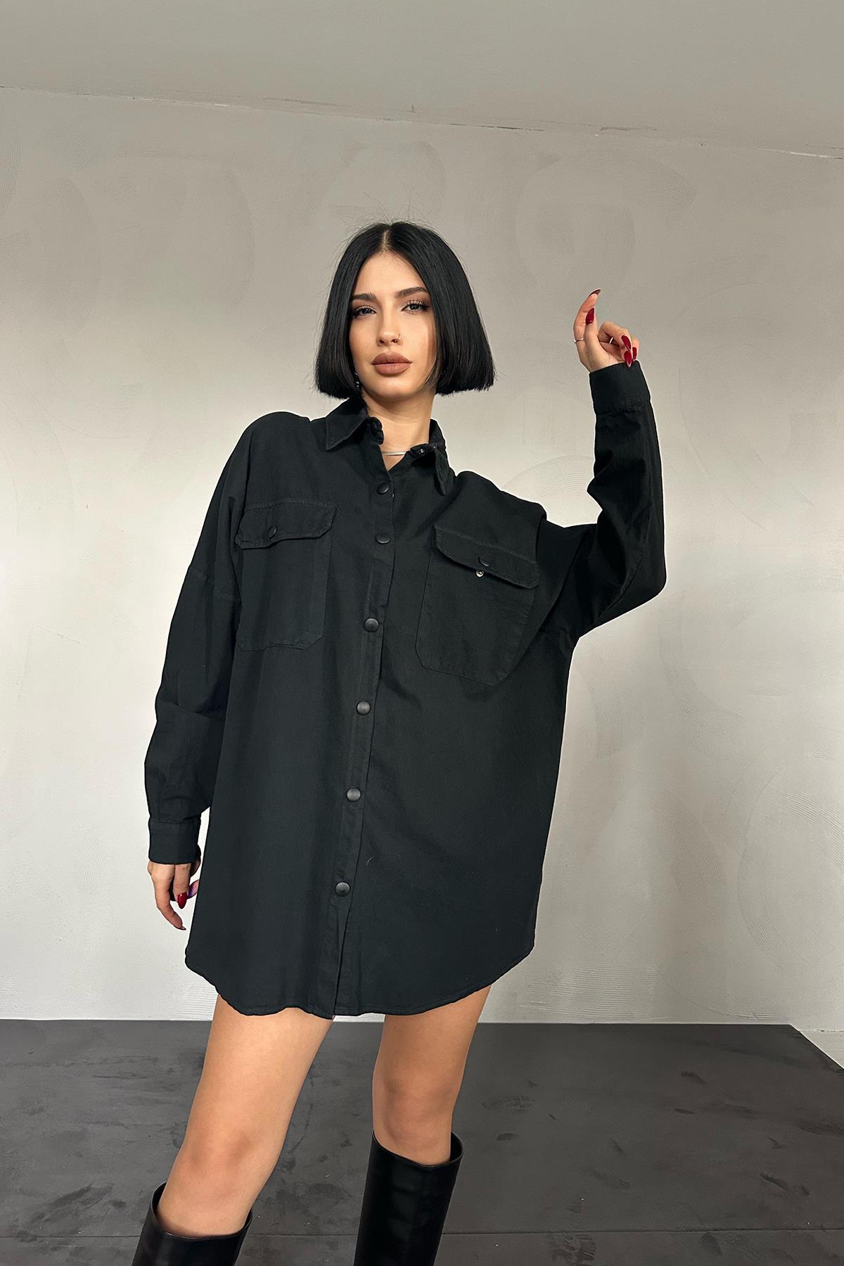 Toptan Siyah Çift Cep Kapaklı Çıtçıtlı Gömlek Siyah STD