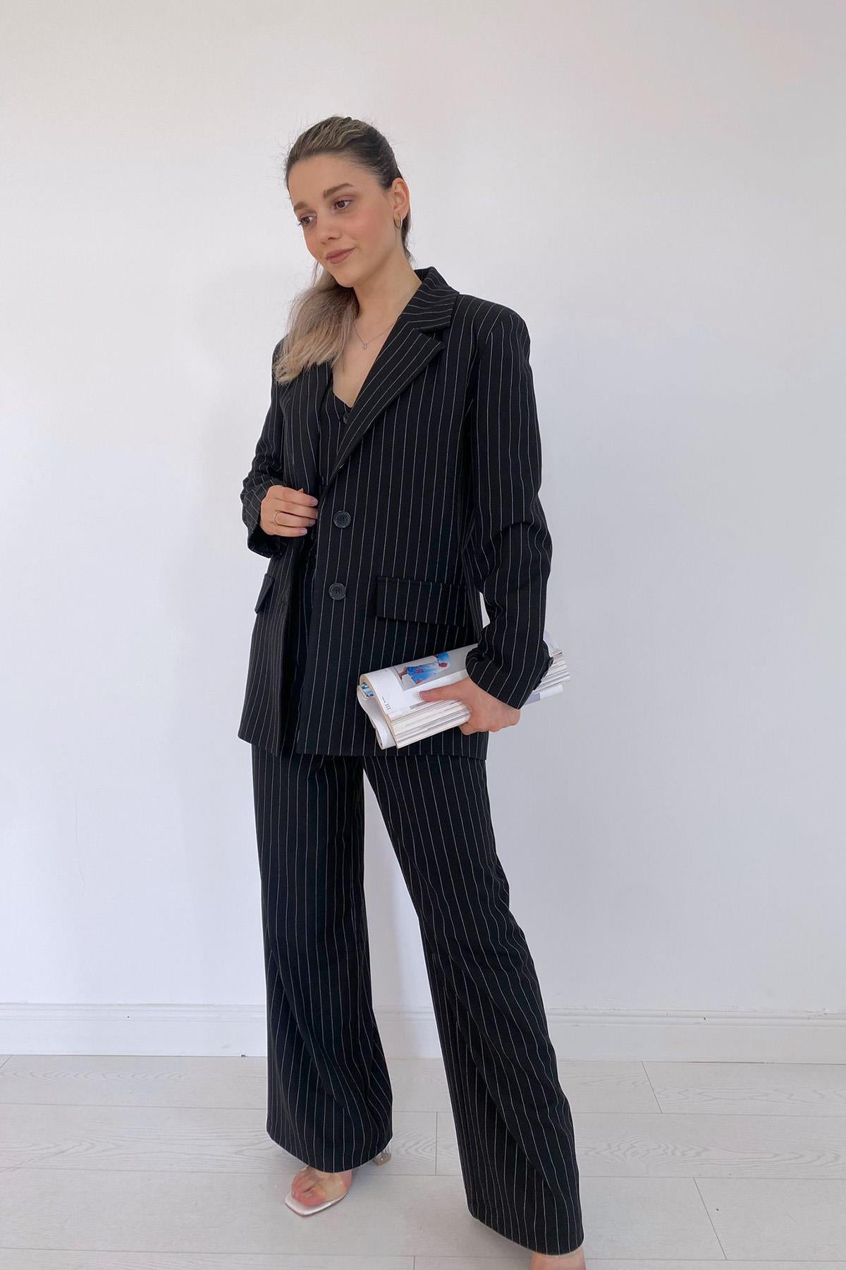 Toptan Siyah Çizgili Ceket & Yelek Ve Pantolon Takım Siyah L