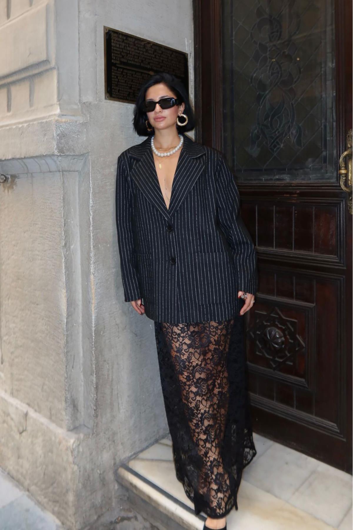 Toptan Siyah Çizgili Oversize Ceket