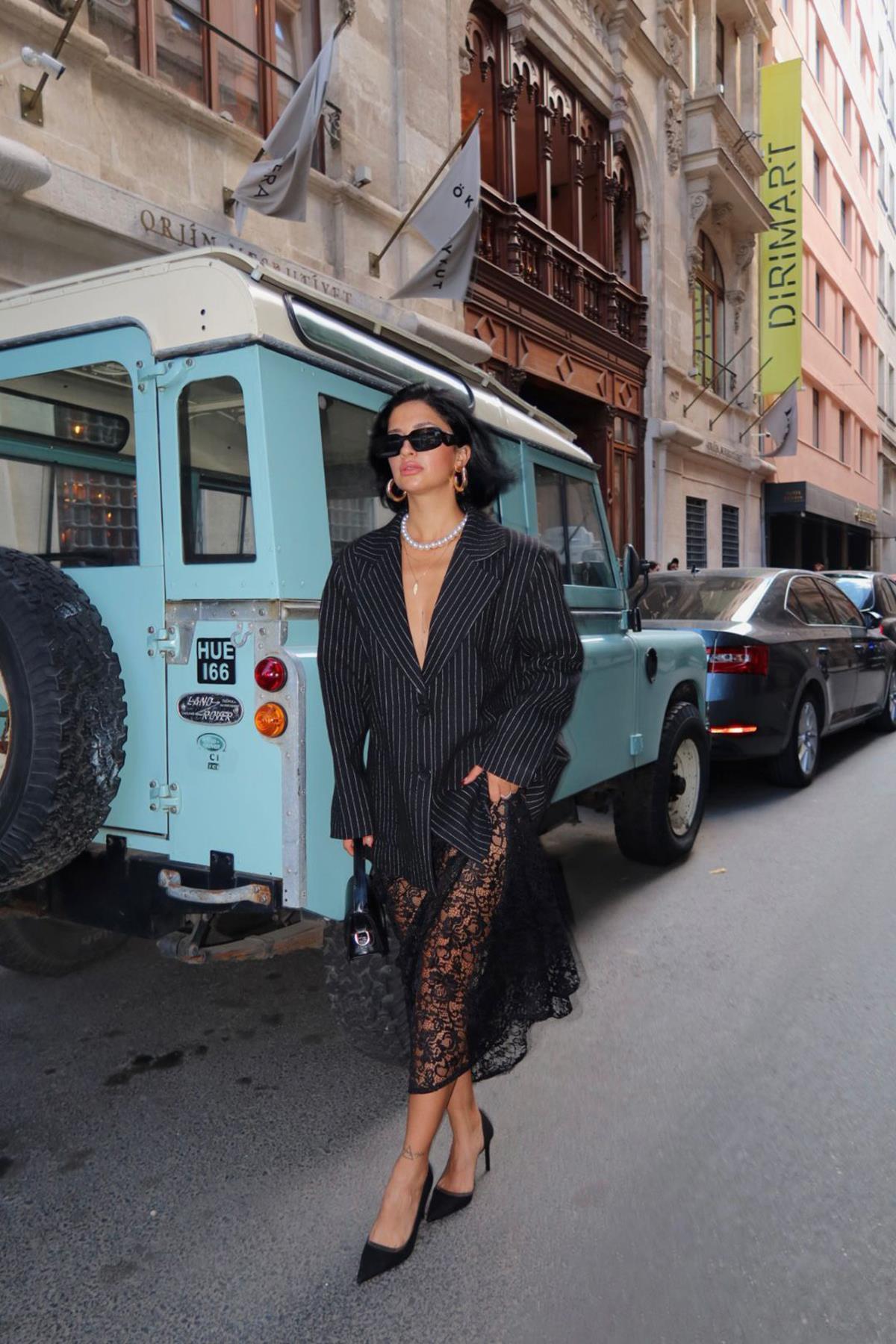 Toptan Siyah Çizgili Oversize Ceket Siyah L