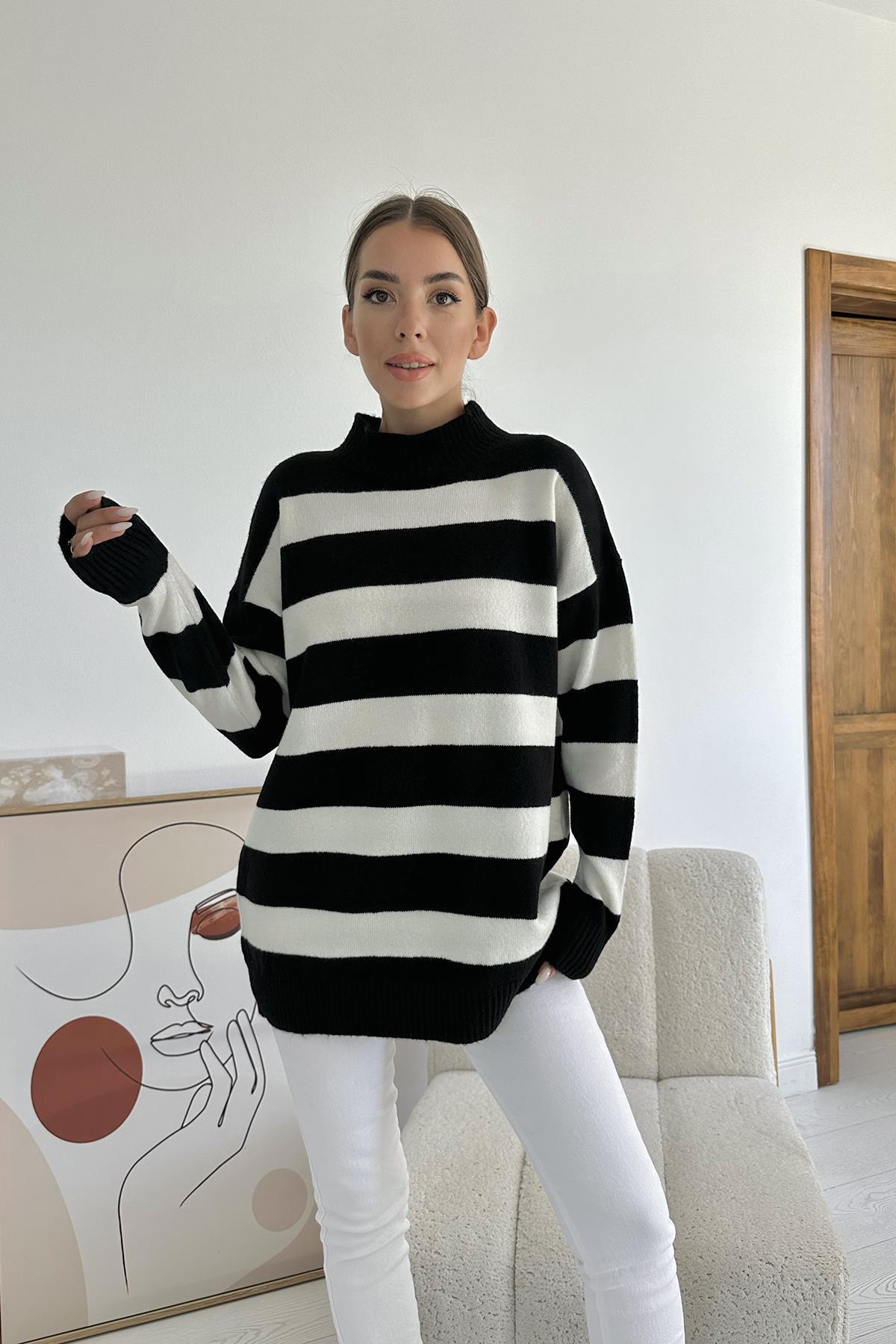 Toptan Siyah Çizgili Triko Kazak Siyah STD