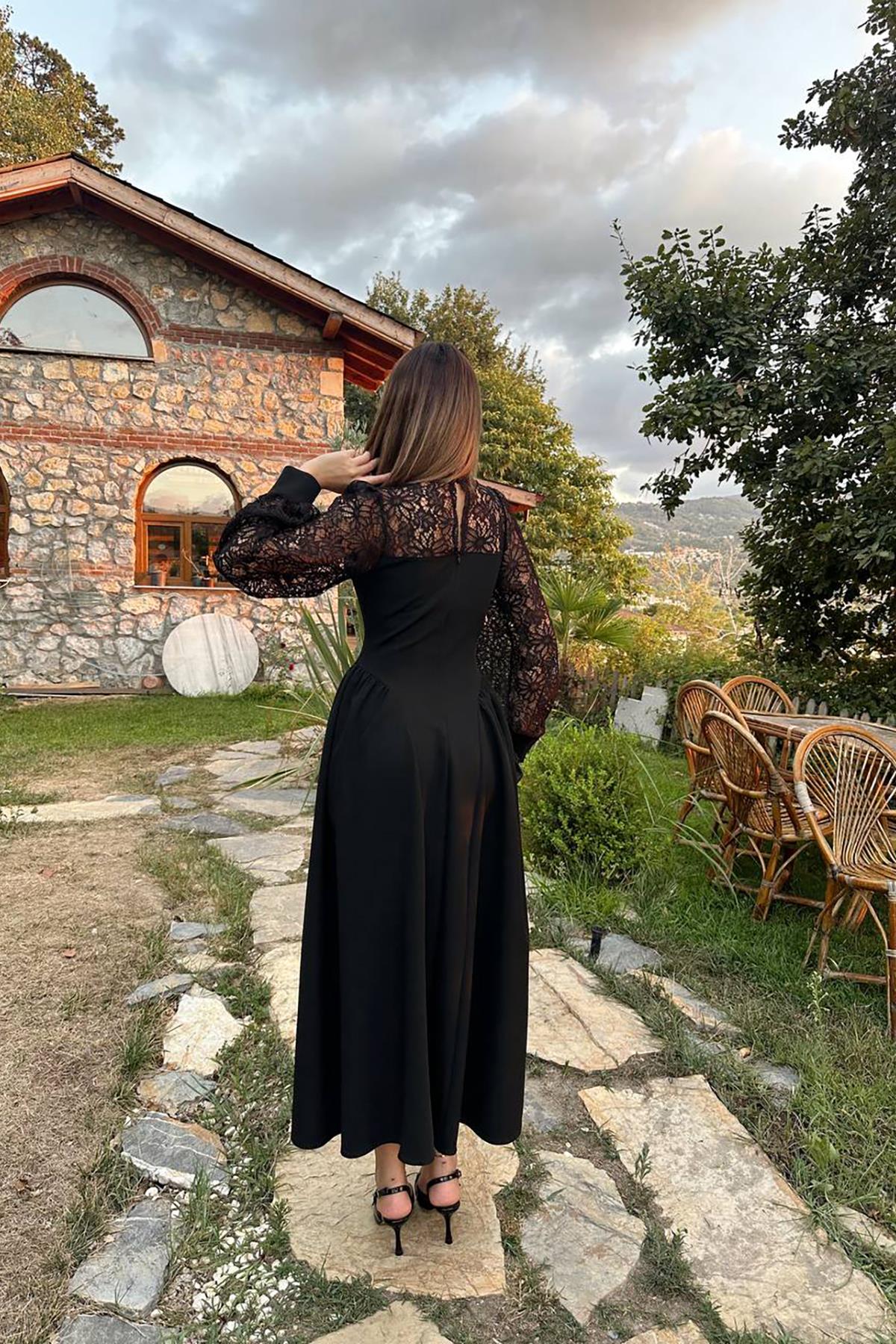 Toptan Siyah Dantel Garnili Büzgülü Atlas Elbise