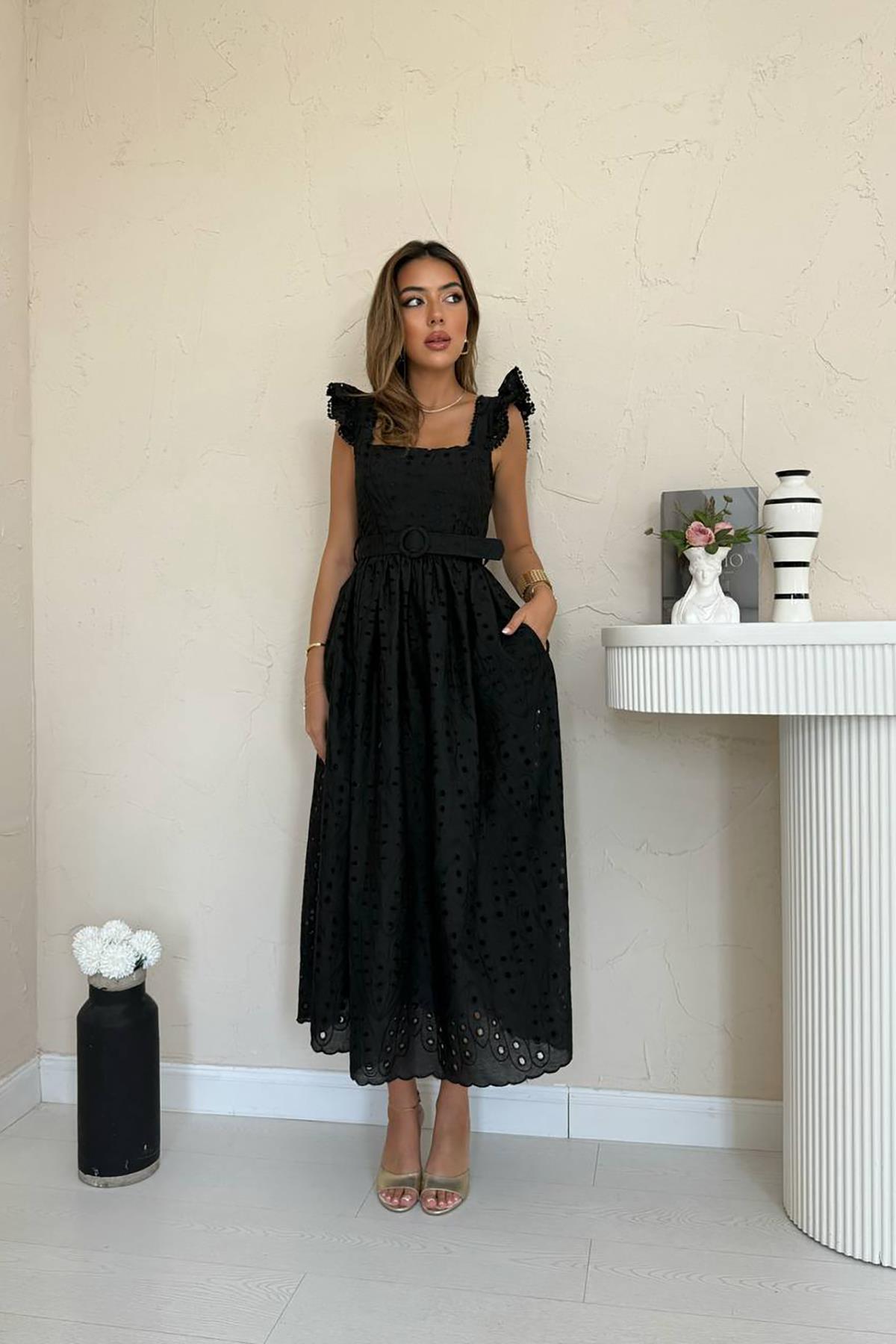 Toptan Siyah Dantelli Brode Elbise