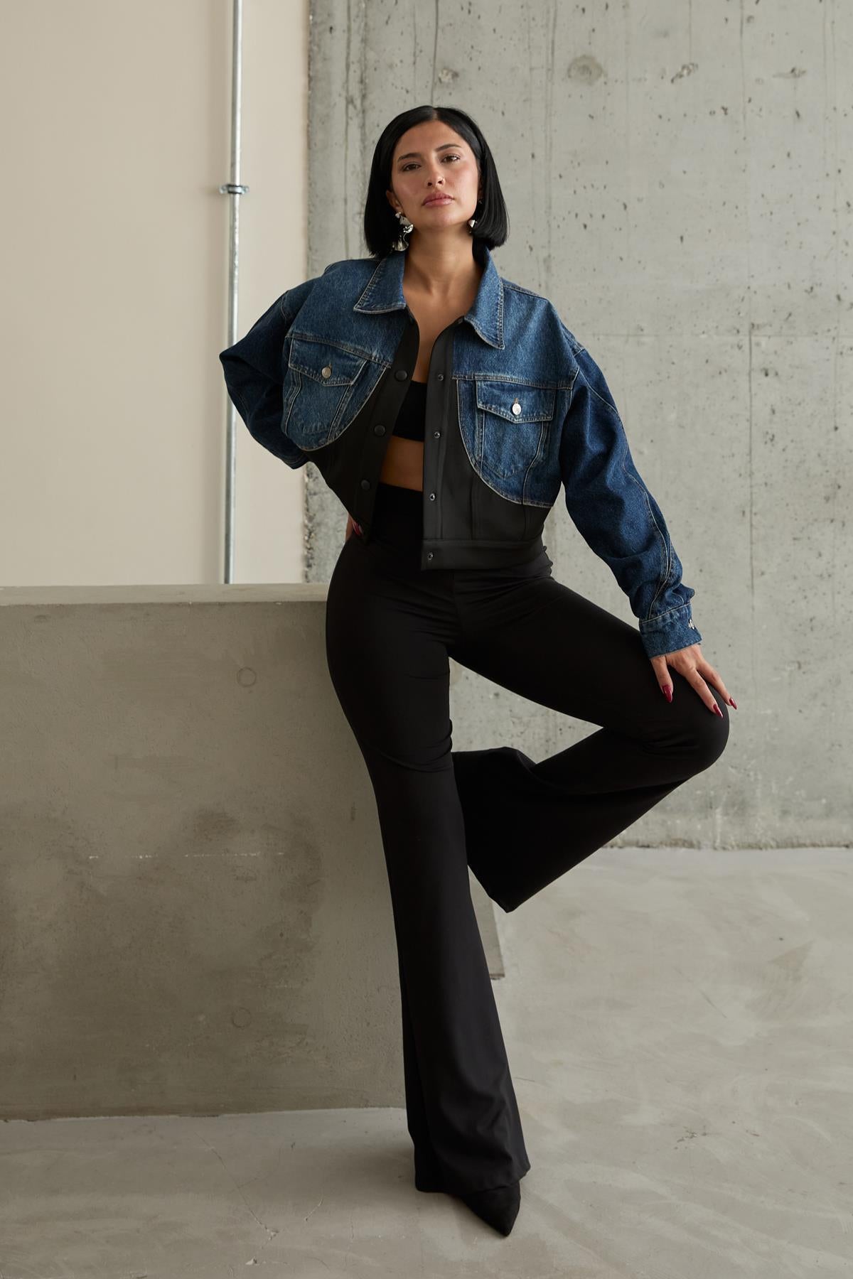 Toptan Siyah Denim Scuba Garnili Ceket Siyah L