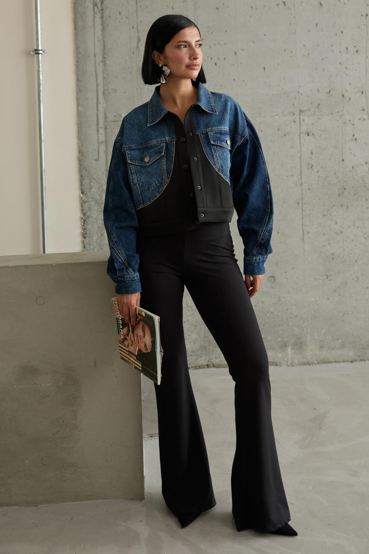 Toptan Siyah Denim Scuba Garnili Ceket
