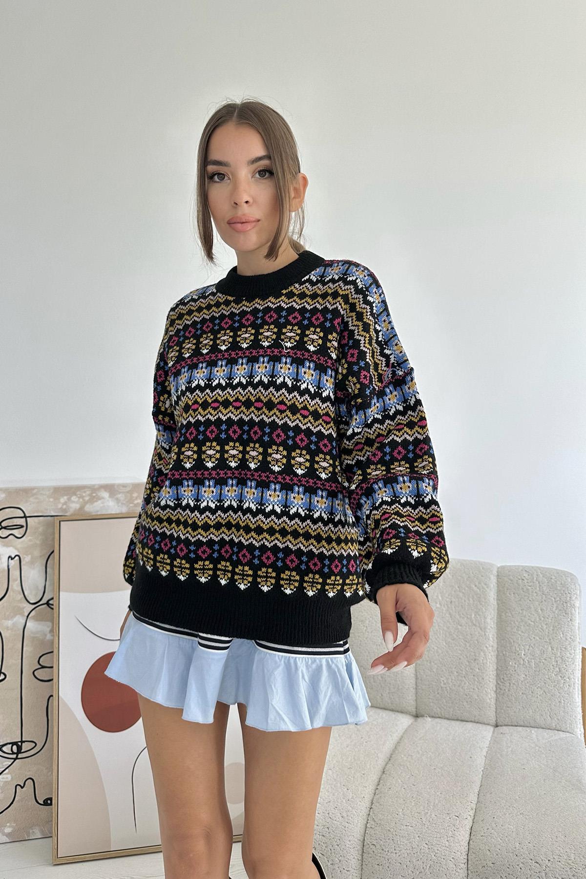 Toptan Siyah Desenli Triko Kazak Siyah STD