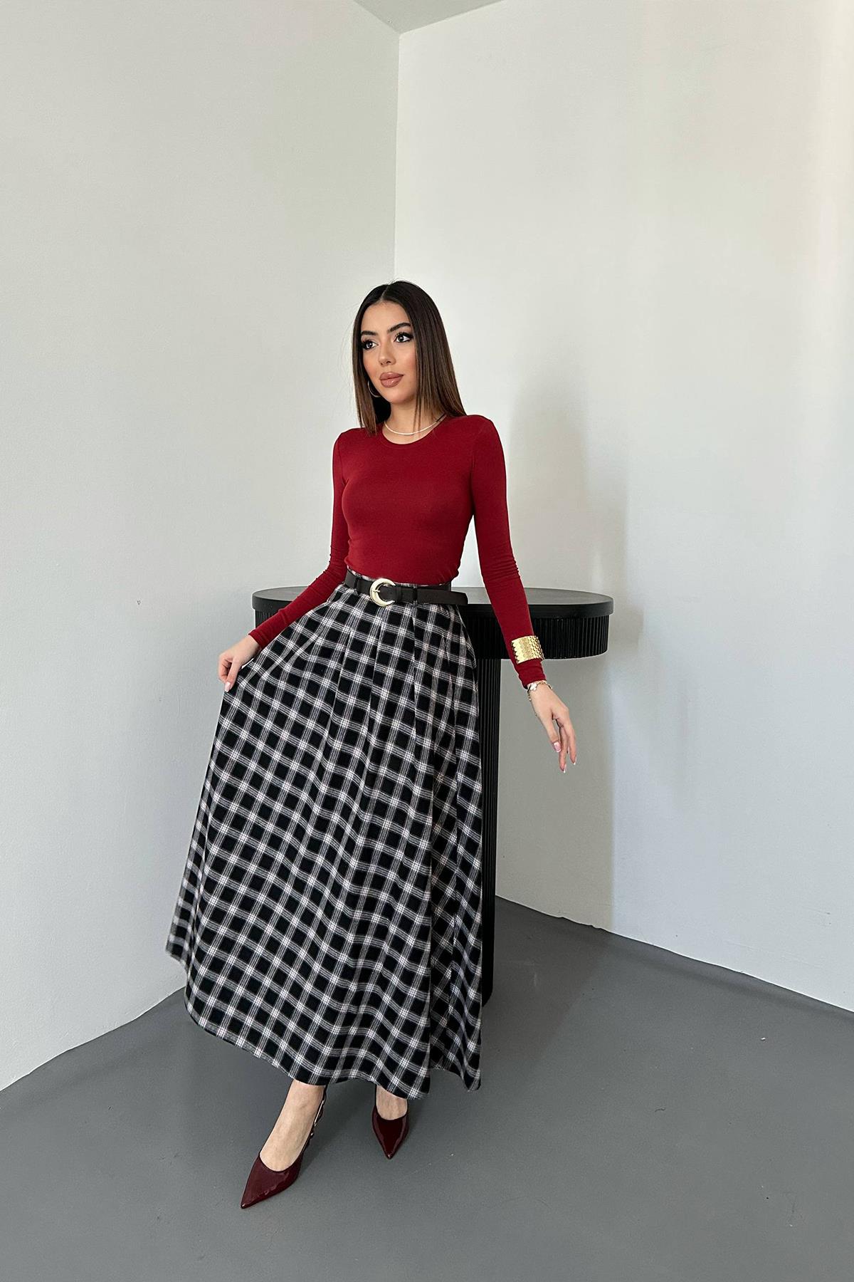 Toptan Siyah Ekoseli Etek Siyah L