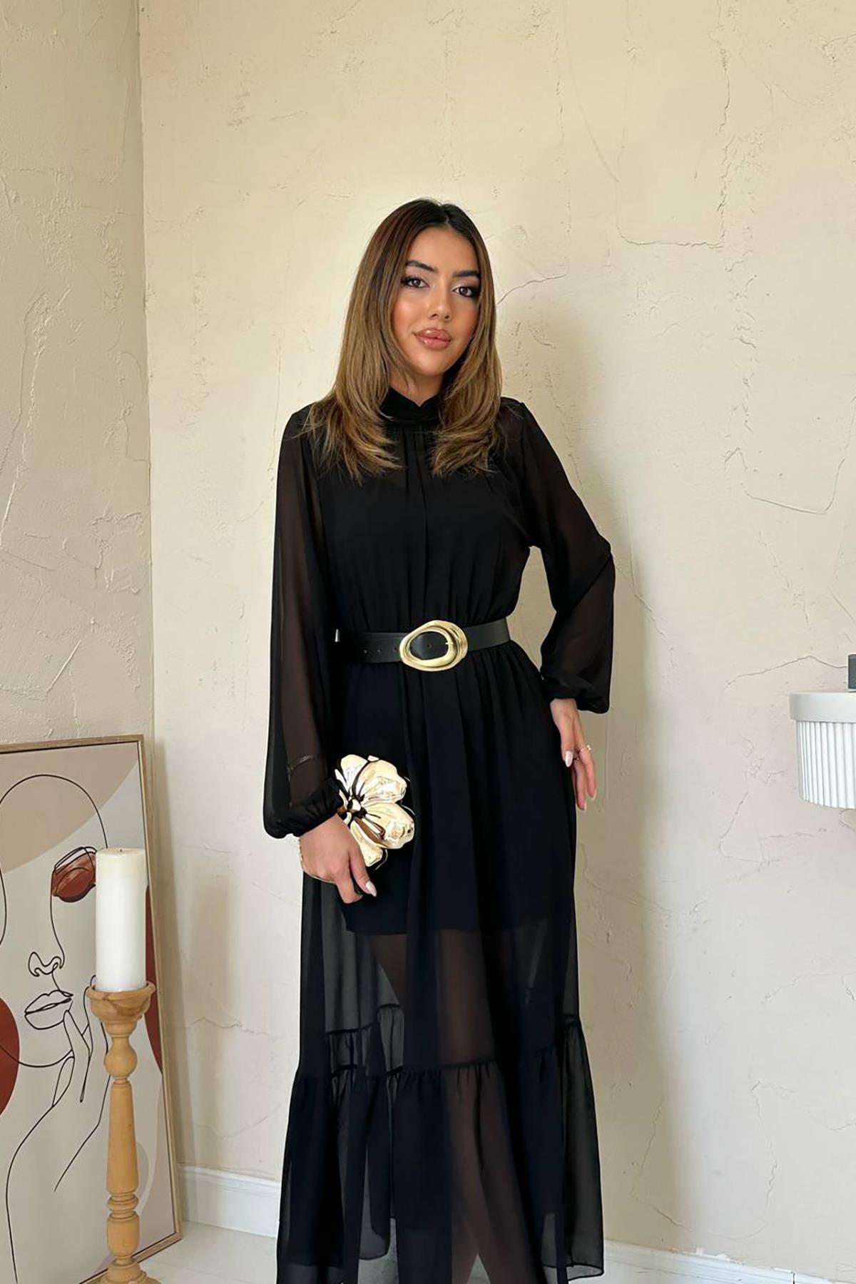 Toptan Siyah Eteği Fırfırlı Şifon Elbise
