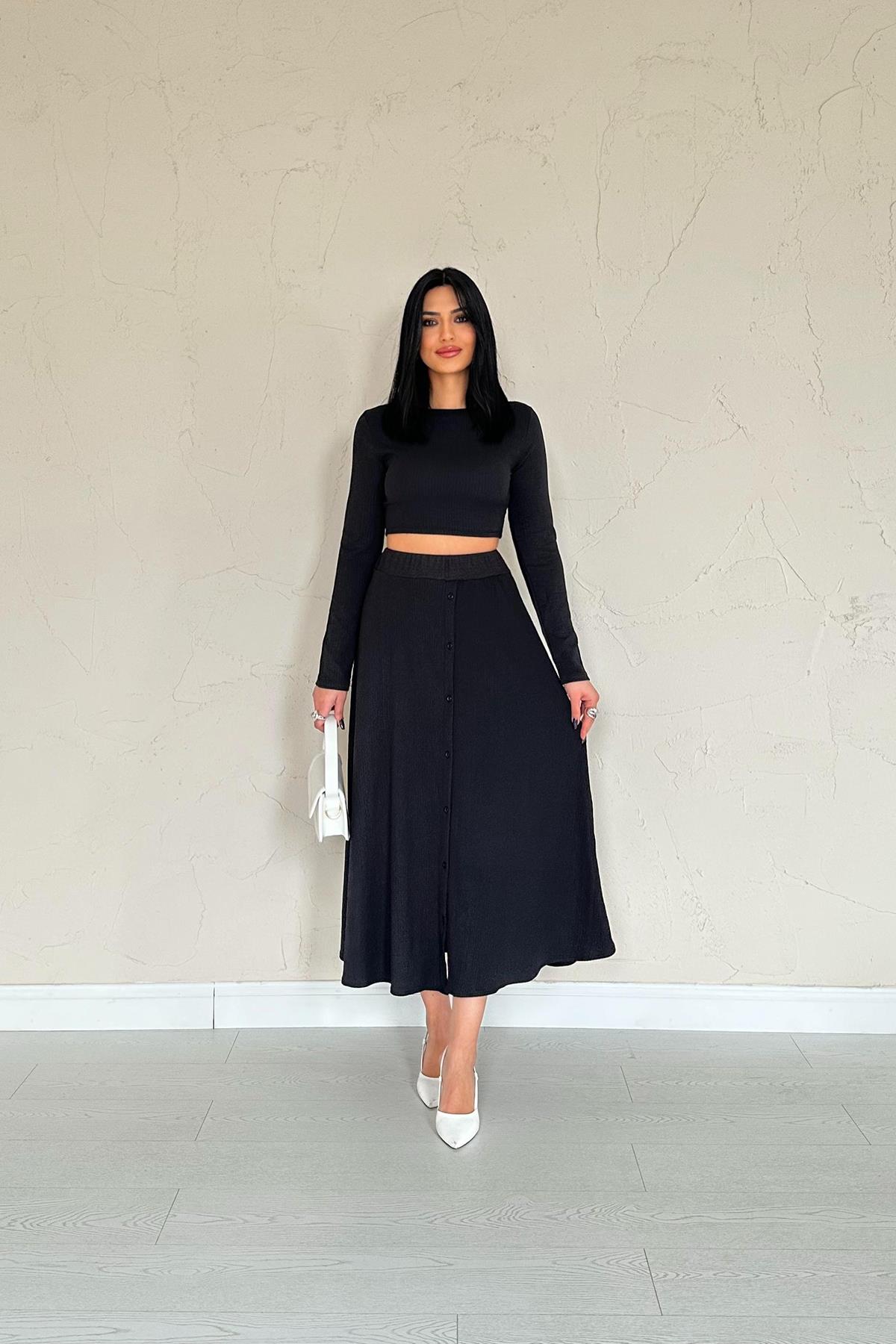 Toptan Siyah Fitilli Bluz & Etek Takım Siyah L