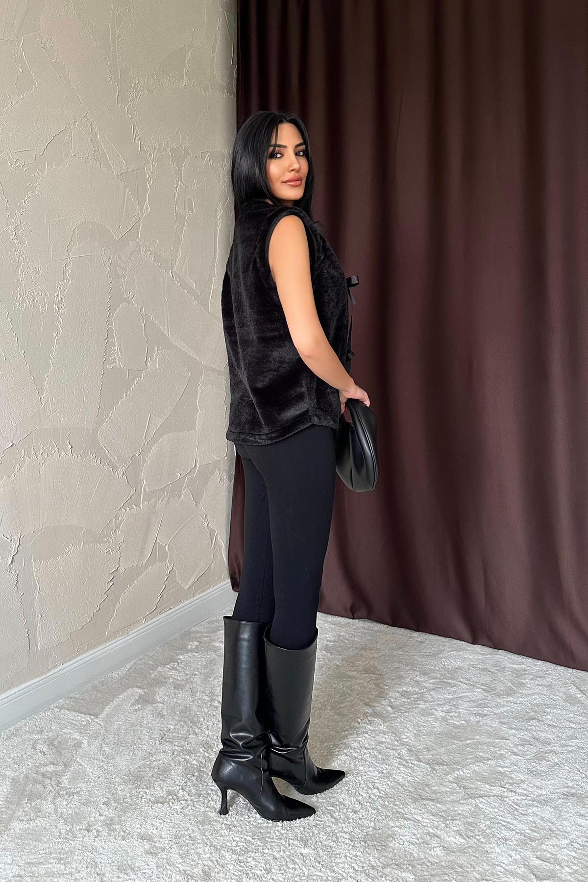 Toptan Siyah Fiyonklu Peluş Yelek
