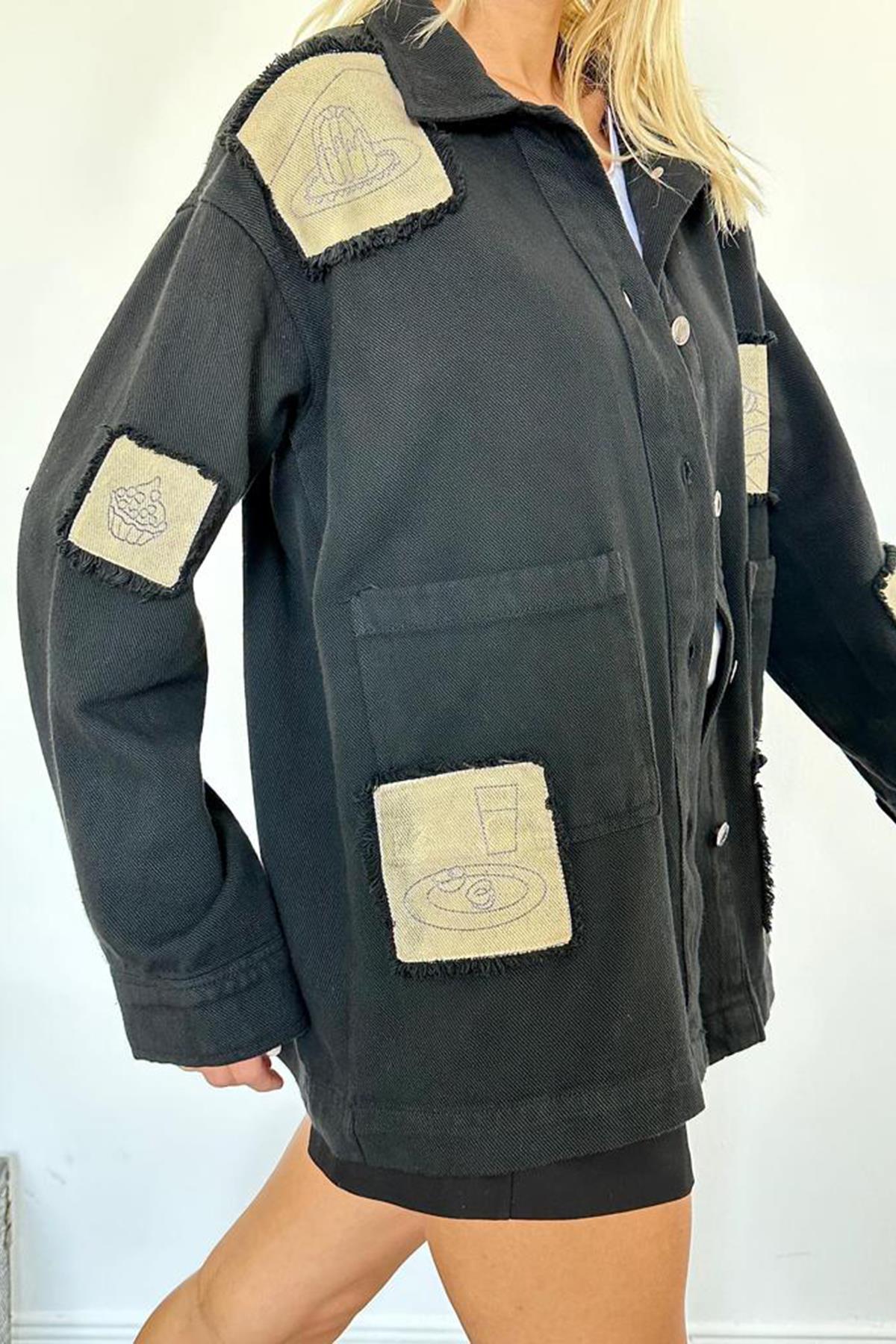 Toptan Siyah Gabardin Arma Detaylı Gömlek Ceket