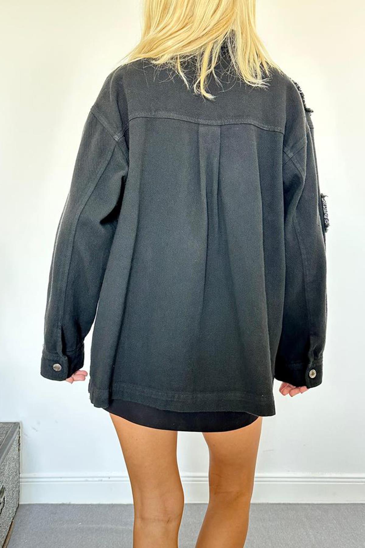 Toptan Siyah Gabardin Arma Detaylı Gömlek Ceket