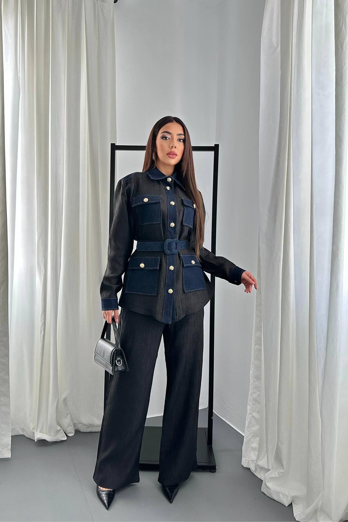 Toptan Siyah Garnili Cepli Gömlek Ve Pantolon Takım Siyah L