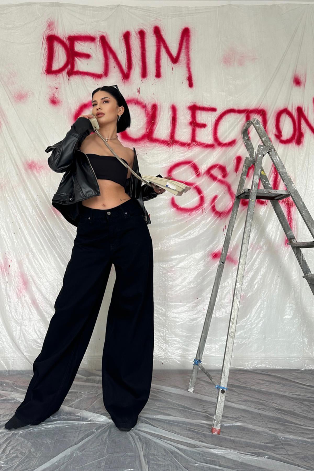 Toptan Siyah Geniş Paça Jeans Pantolon Siyah L