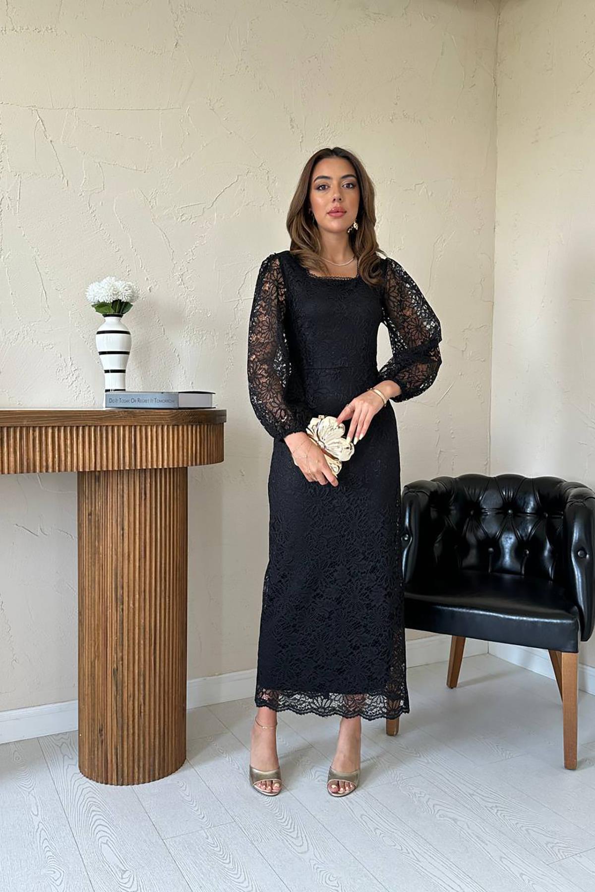 Toptan Siyah Güpür Detaylı Dantel Elbise Siyah L