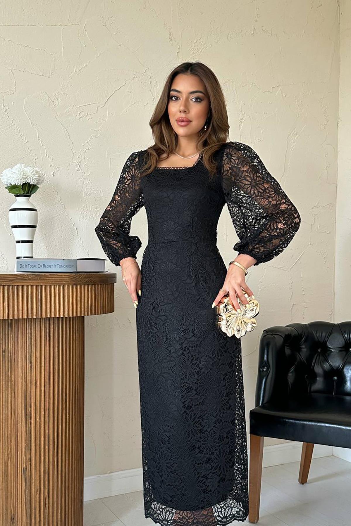 Toptan Siyah Güpür Detaylı Dantel Elbise