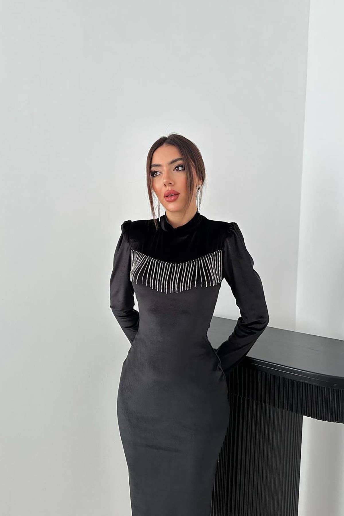 Toptan Siyah Kadife Işıltılı Elbise