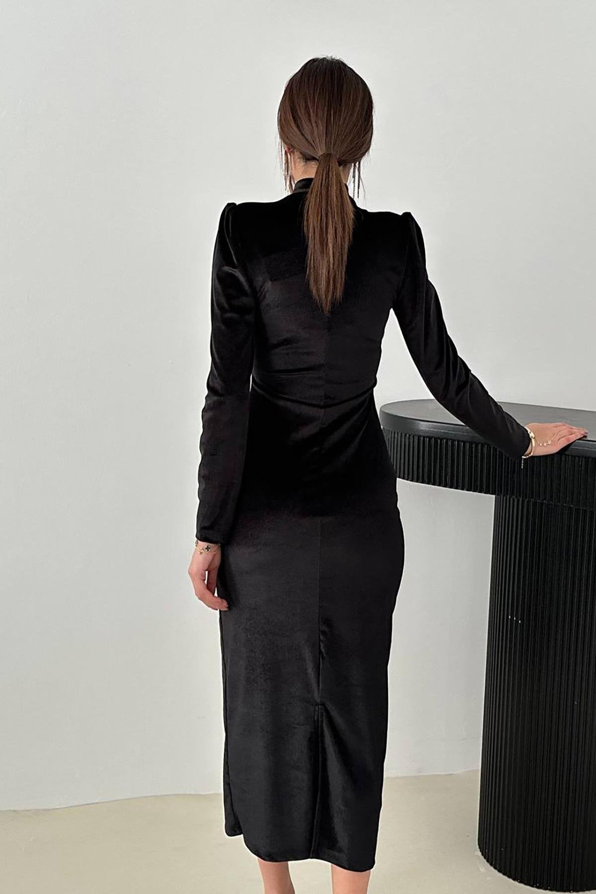 Toptan Siyah Kadife Işıltılı Elbise