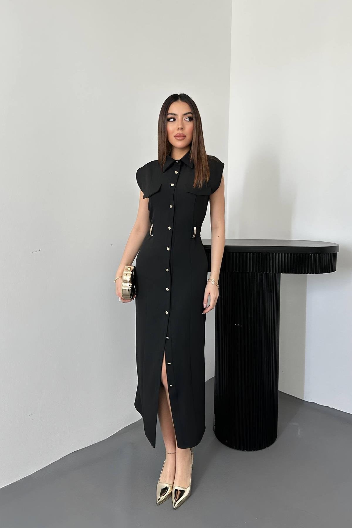 Toptan Siyah Kemer Aksesuarlı Atlas Elbise Siyah L