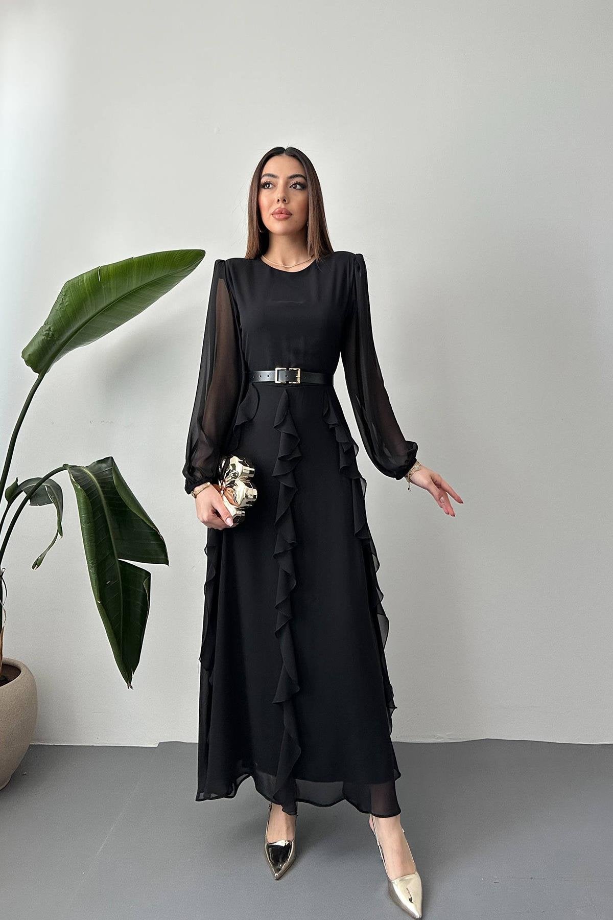 Toptan Siyah Kemerli Şifon Elbise Siyah L