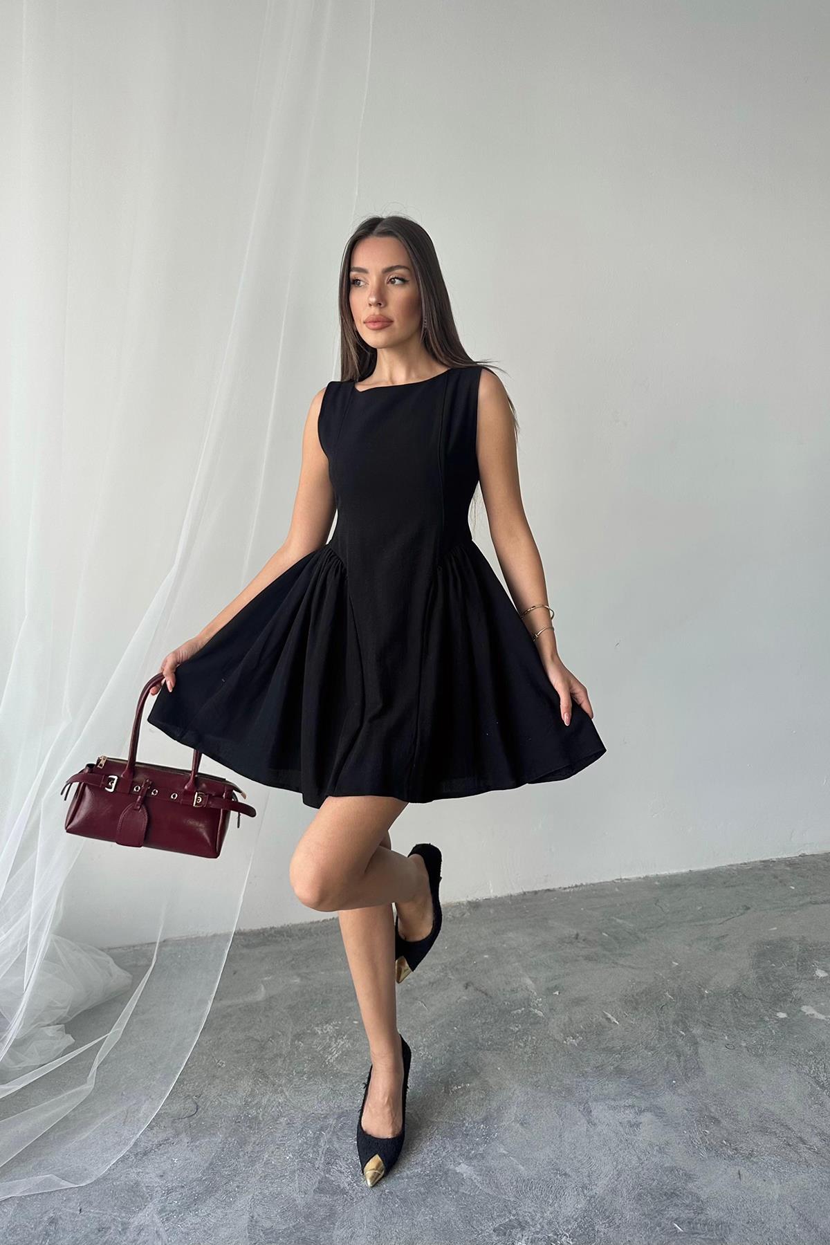 Toptan Siyah Mini Boy Büzgülü Keten Elbise Siyah L