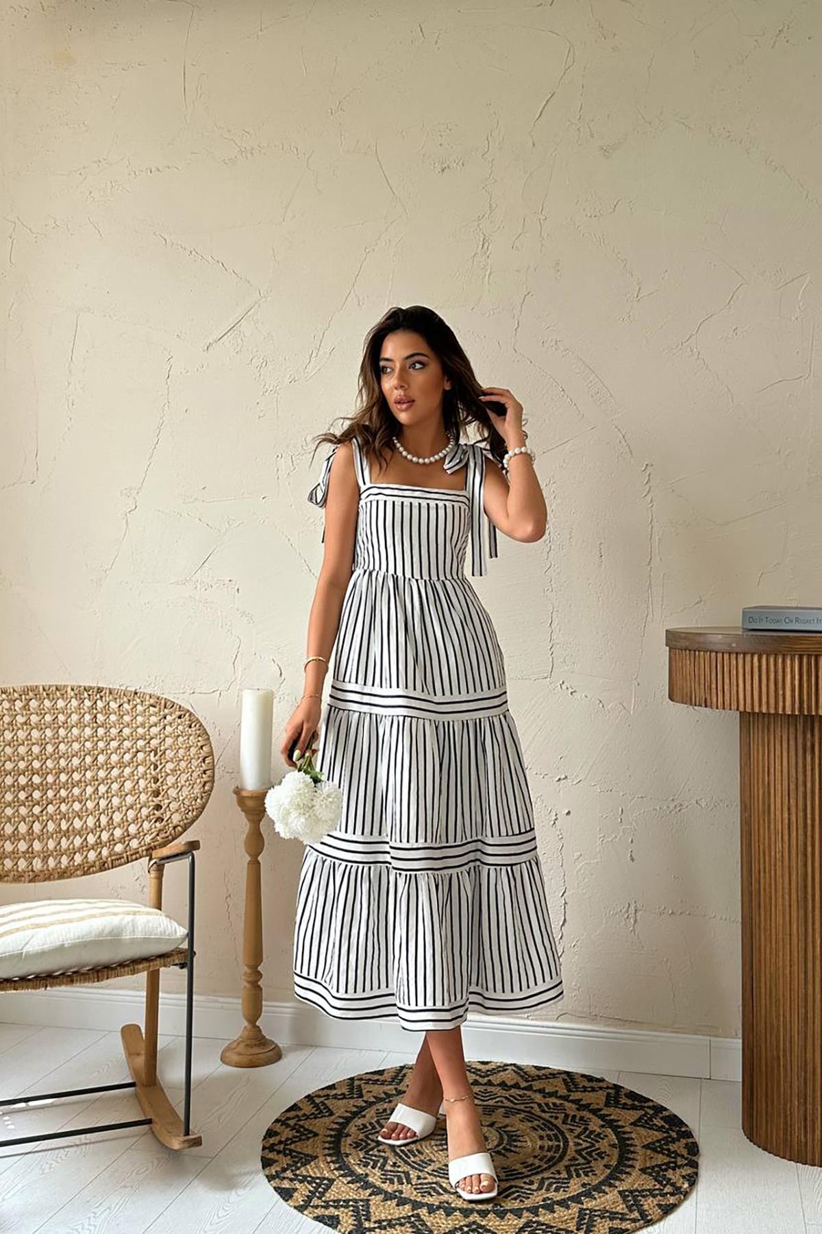 Toptan Siyah Omuzdan Bağlamalı Çizgili Elbise Siyah L